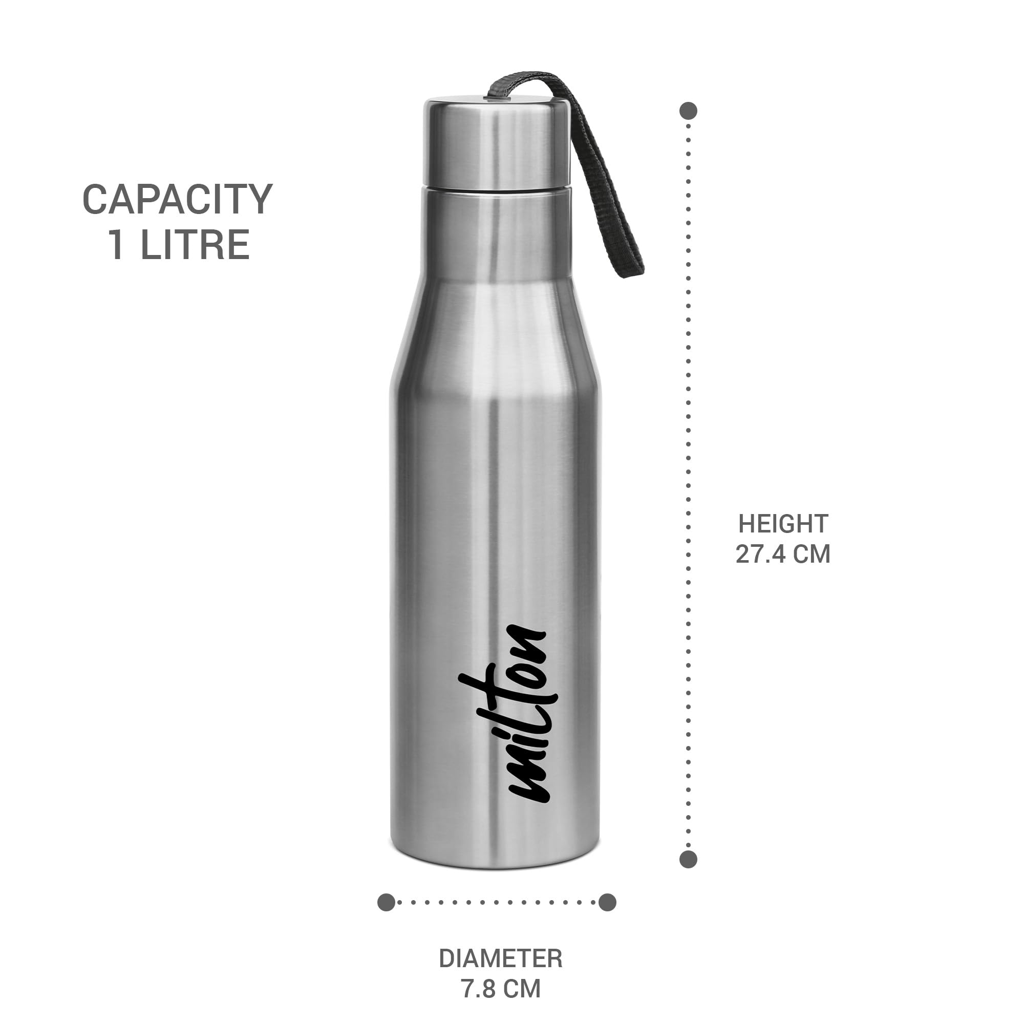 Milton Glassy 750 Thermosteel Water Bottle with Drinking Cup Lid - 750ml Insulated Stainless Steel Water Bottle, Grey | Milton Super 1000 Stainless Steel Water Bottle - 1000ml Vacuum Insulated Thermos, Silver | Perfect for Hiking, Gym & Outdoor Activities