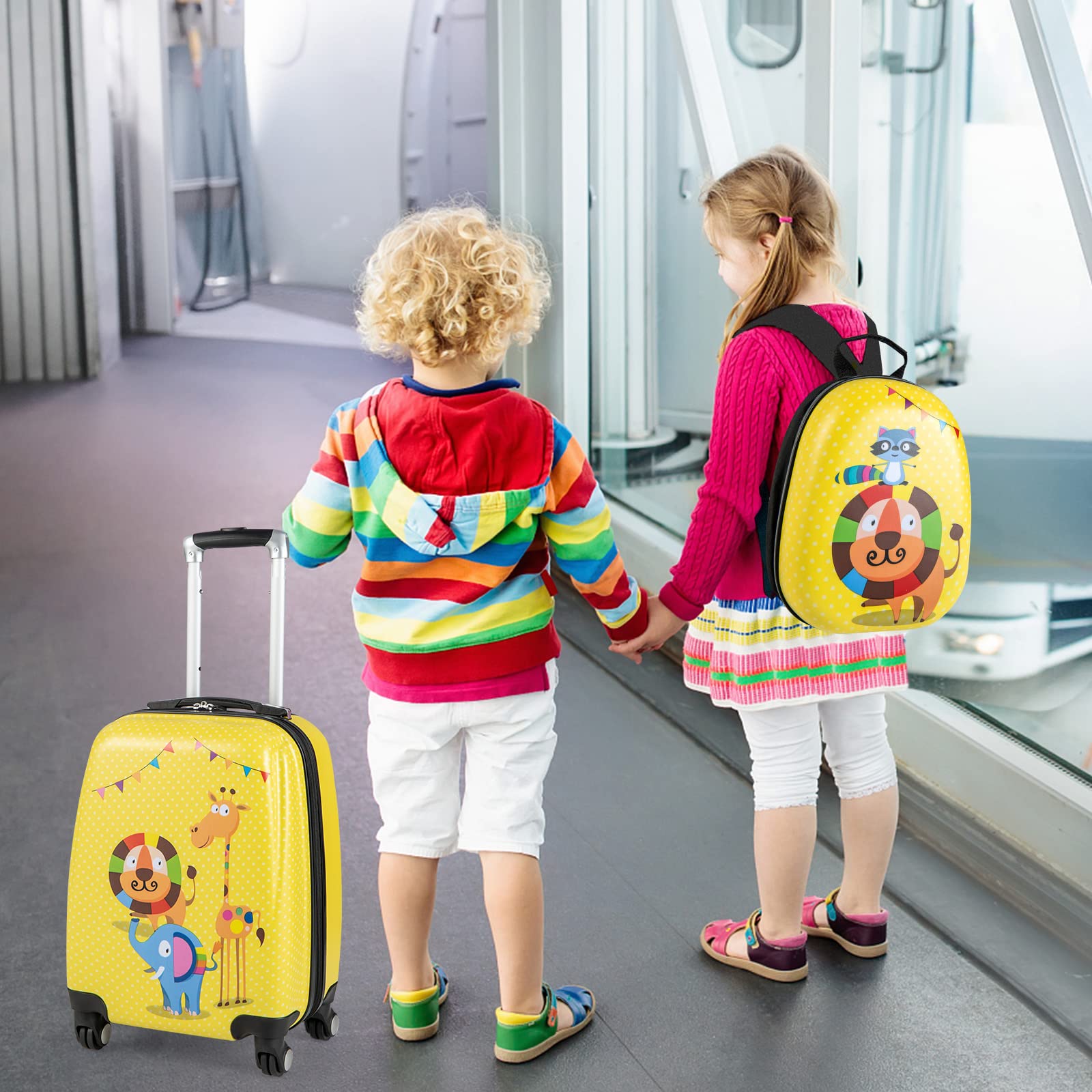 Olakids Kids Luggage Set - 12’’ Travel Backpack & 18’’ Wheeled Carry-On Suitcase for Boys & Girls, 2-Piece Spinner Trolley Set with Wheels, Perfect Gift for Toddlers (Yellow Lion) - Ideal for Air Travel, Road Trips & School Use