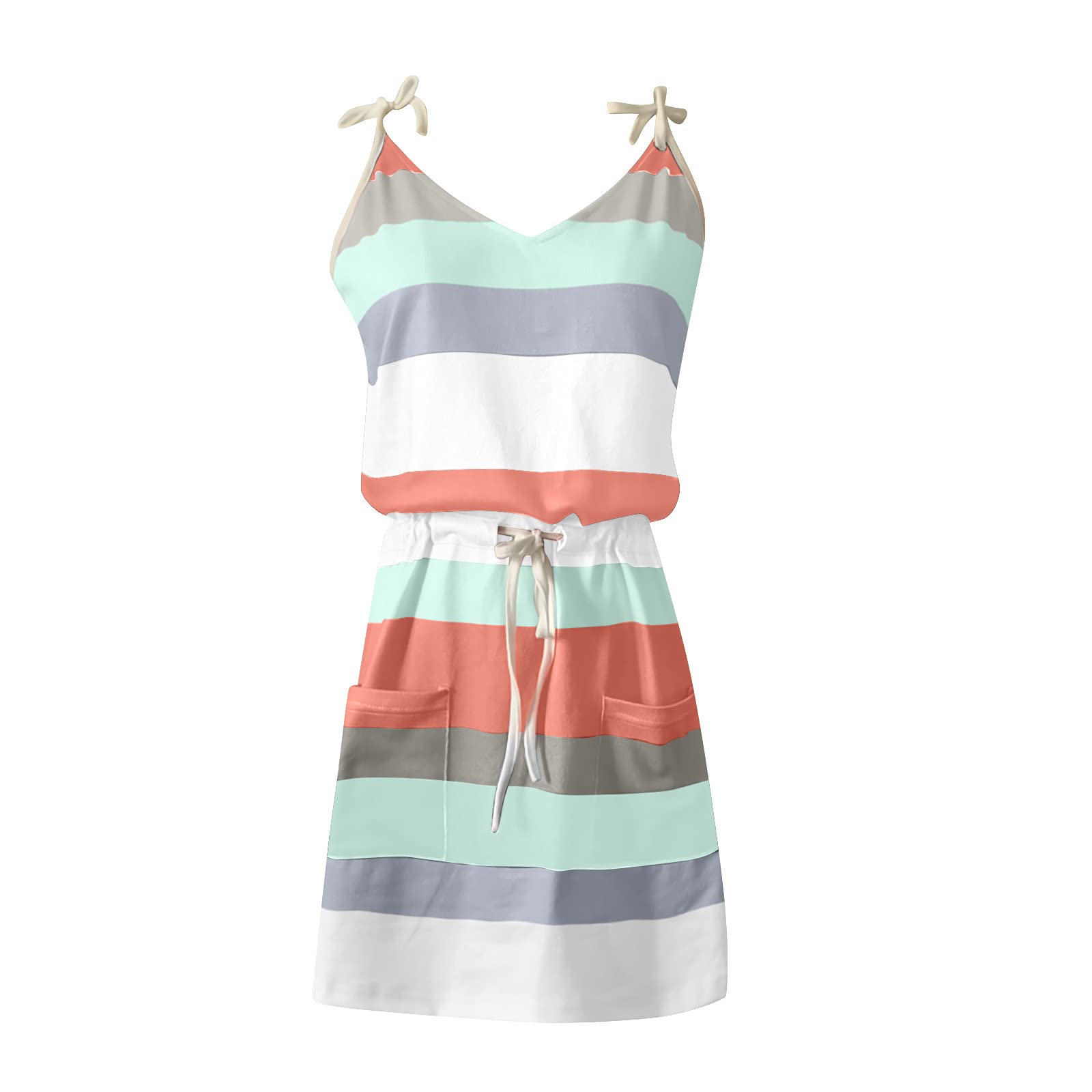 Stylish Women's Casual V-Neck Sleeveless Bandage Stripe Print Loose Vest Sling Dress - UK Size - Perfect for Summer Outings, Beach Parties & Elegant Evening Events