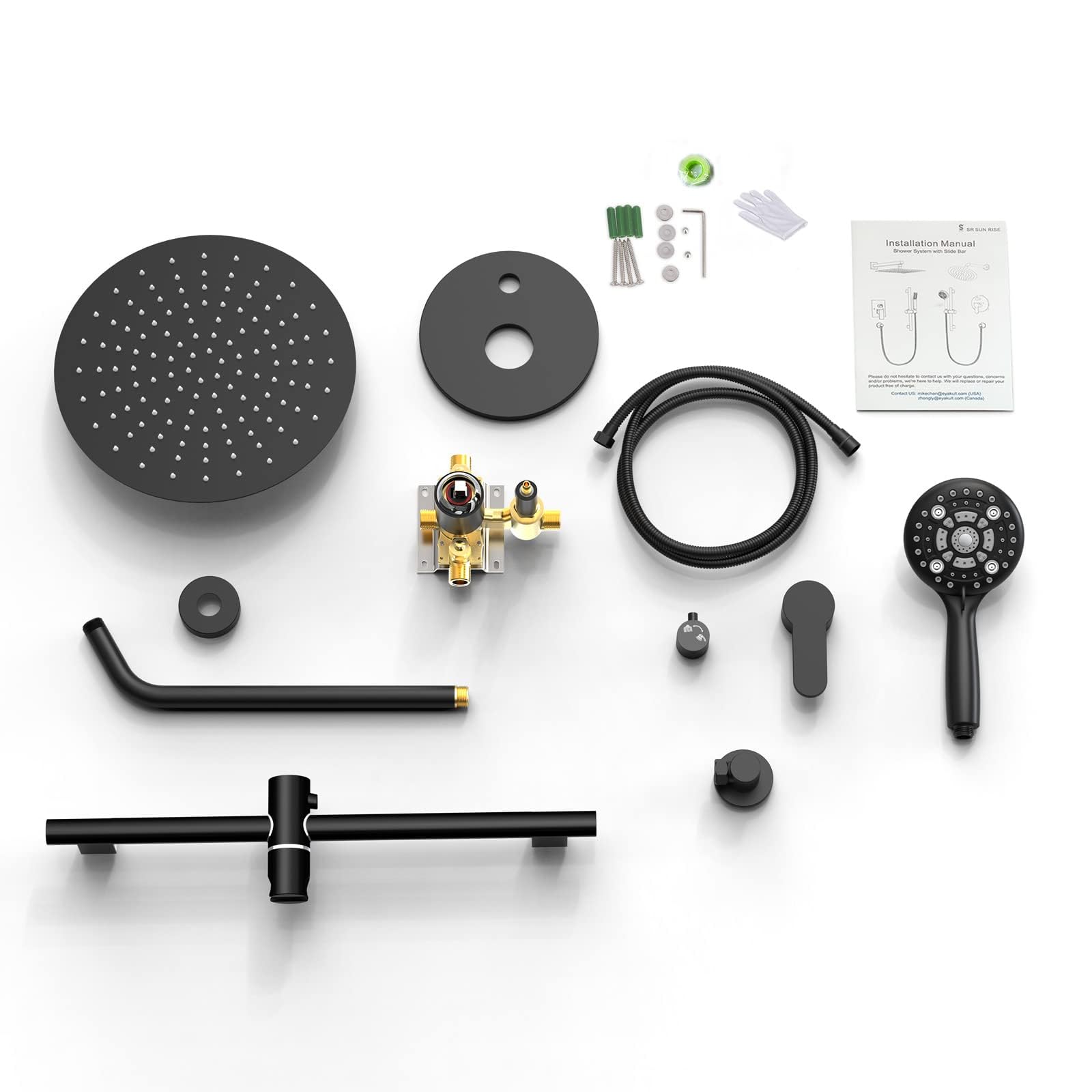 SR SUN RISE 12 Inch Slide Bar Shower System - Round Rainfall Shower Head with 6-Spray Handheld Combo, Wall Mounted Dual Shower Faucet Set Including Valve & Trim Kit in Matte Black - Perfect for Modern Bathroom Renovation and Spa-Like Shower Experience