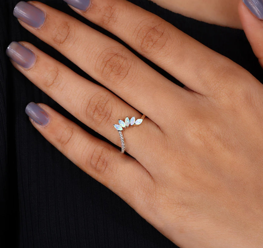 4 Marquise Natural Fire Opal with Small Round Zircon Ring - Elegant Jewelry for Weddings, Parties & Special Occasions