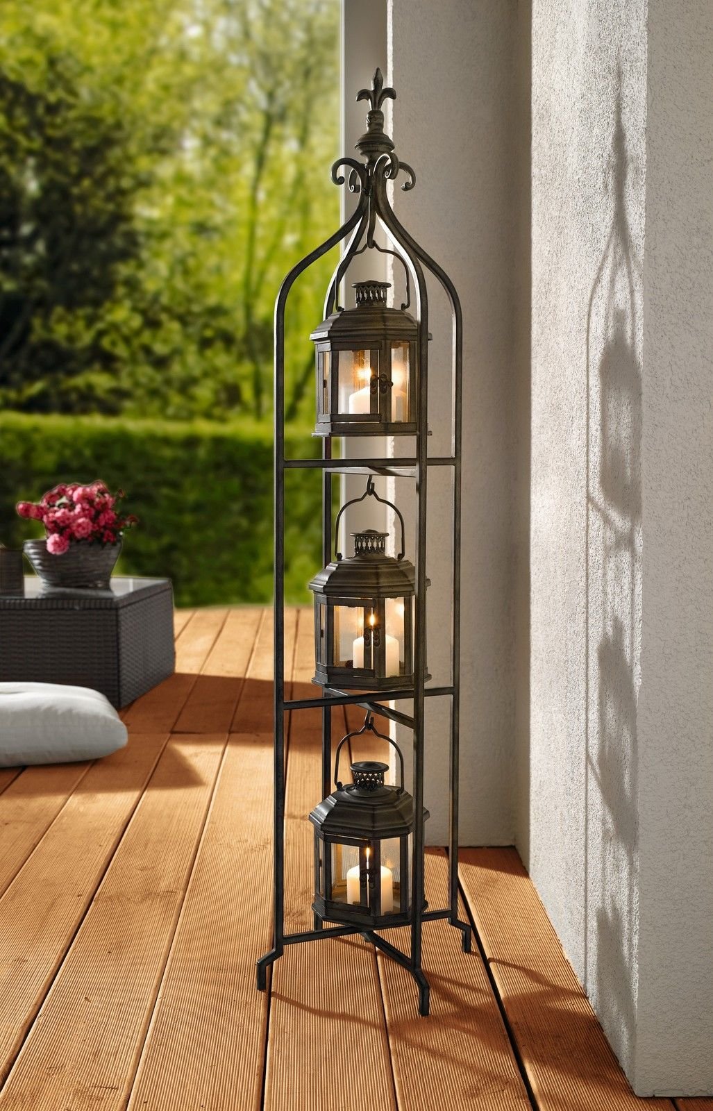 Metal Candle Lanterns with Stand - 3-Tier Outdoor Hanging Lantern Holder for Garden, Patio, and Yard Decor | Rustic Home Lighting Accessories for Wedding, Party, and Holiday Decorations