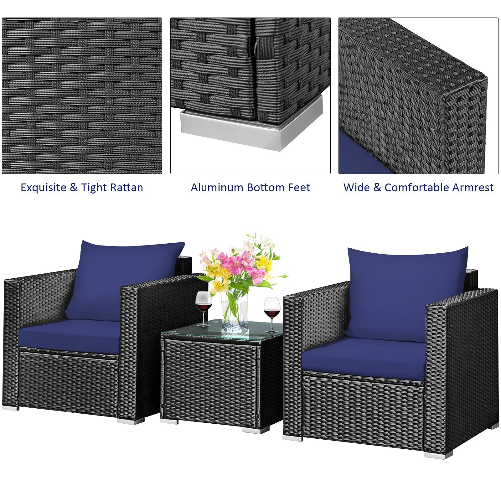 **Tangkula 3-Piece Patio Furniture Set - PE Rattan Wicker Sofa with Washable Cushions & Tempered Glass Table, Outdoor Conversation Set for Garden, Poolside, Patio, and Backyard (Navy Blue)**