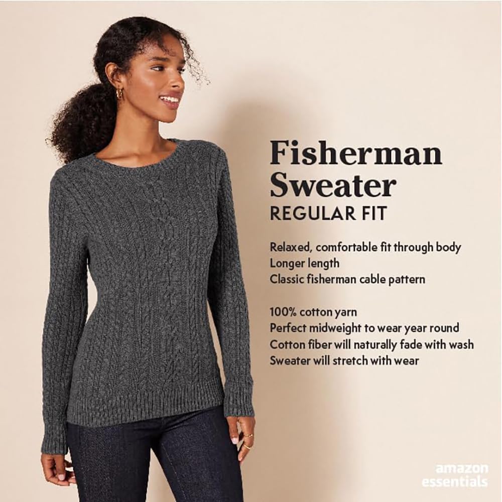Amazon Essentials Women's Fisherman Cable Knit Crewneck Sweater - Cozy Casual Pullover for Fall & Winter Outfits