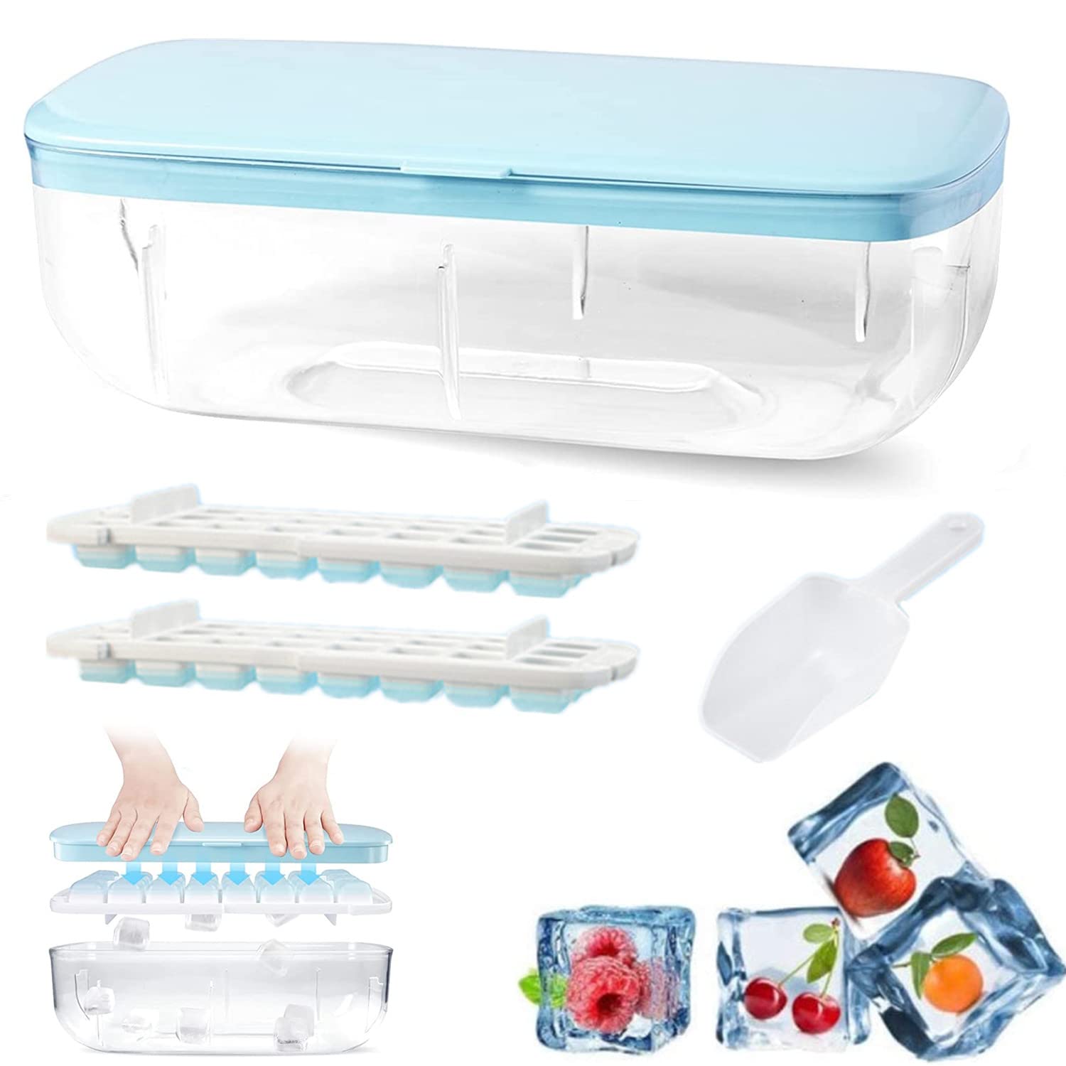 Silicone Ice Cube Tray with Lid & Storage Bin - Reusable Freezer Ice Cube Molds Set with Scoop & Cover - Perfect for Cocktails, Beer, Coffee, Juice & Cold Drinks - Ideal for Home Bars, Parties & Everyday Use