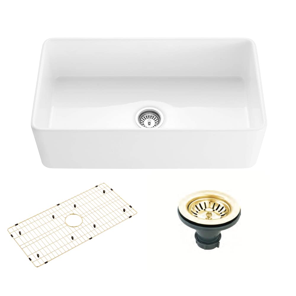 36-Inch Farmhouse Kitchen Sink - Fireclay Single Bowl Apron Front Sink with Grid & Drain Cover | Modern European Design for Rustic & Contemporary Kitchens | Perfect for Cooking, Baking & Entertaining