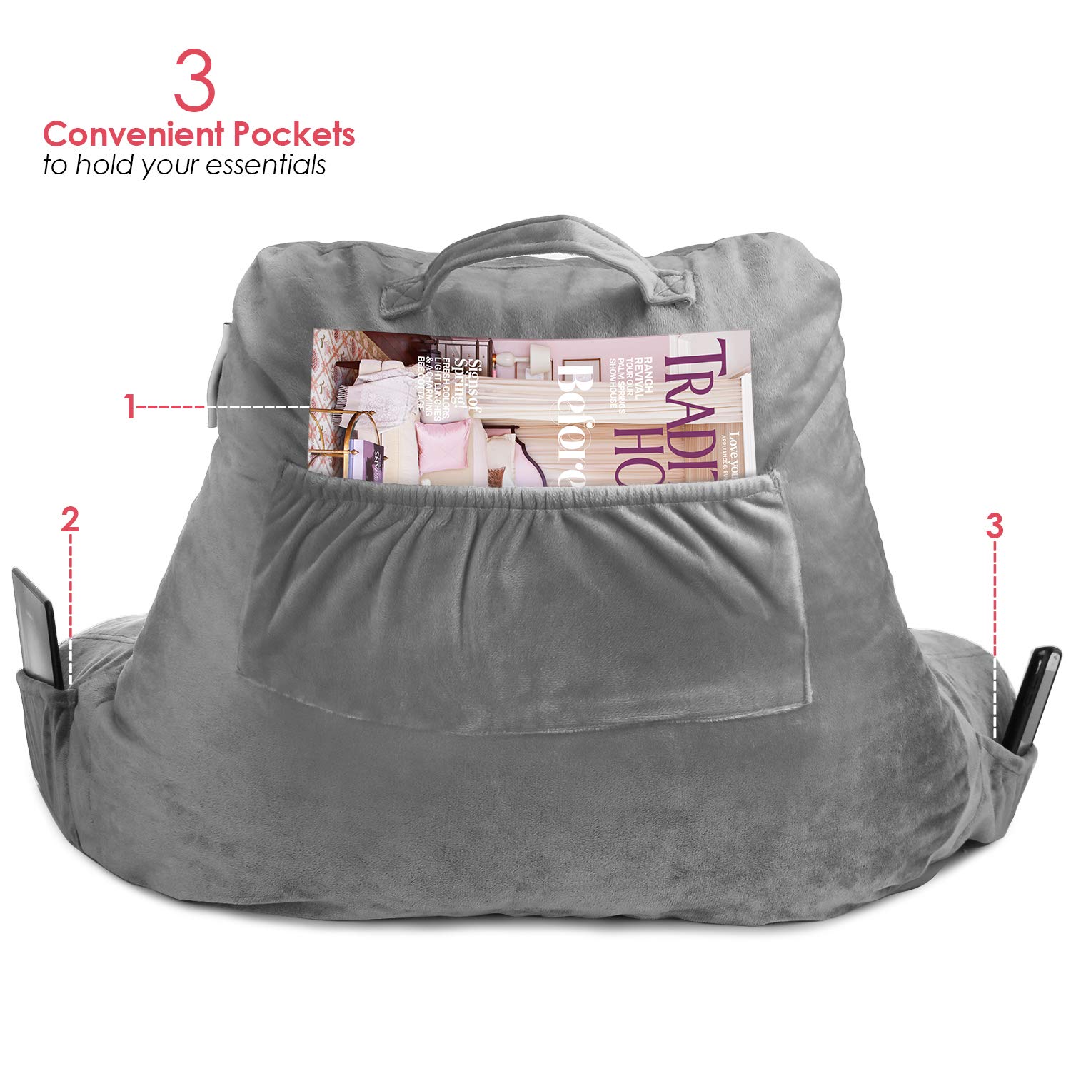 Nestl Reading Pillow with Laptop Desk - Velvet Back Support Cushion with Shredded Memory Foam for Sitting in Bed, Office or Sofa - Bed Rest Pillow with Arms (Small, Gray) - Perfect for Reading, Working, or Relaxing at Home