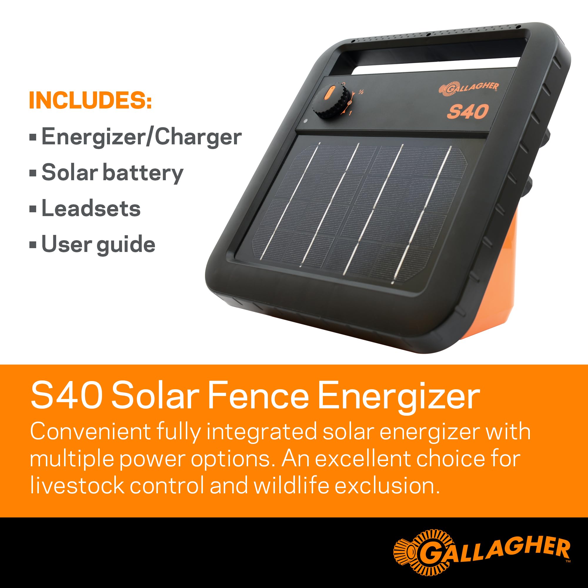 Gallagher G345404 S40 Solar Fence Charger - 12V High Power Electric Fence Energizer for Livestock & Pets - Weatherproof Solar Powered Fence Controller for Farms, Ranches & Gardens