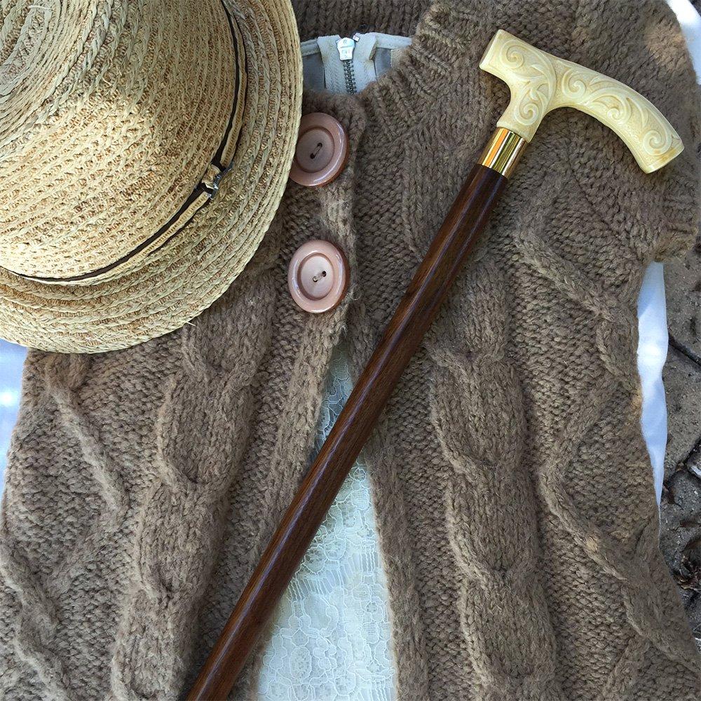 Antique Style Carved Faux Ivory Scroll Walking Cane with Italian Handle - White Beechwood Shaft & Brass Silver Collar (V3232) | Elegant Mobility Aid for Weddings, Theater, and Vintage Fashion Enthusiasts