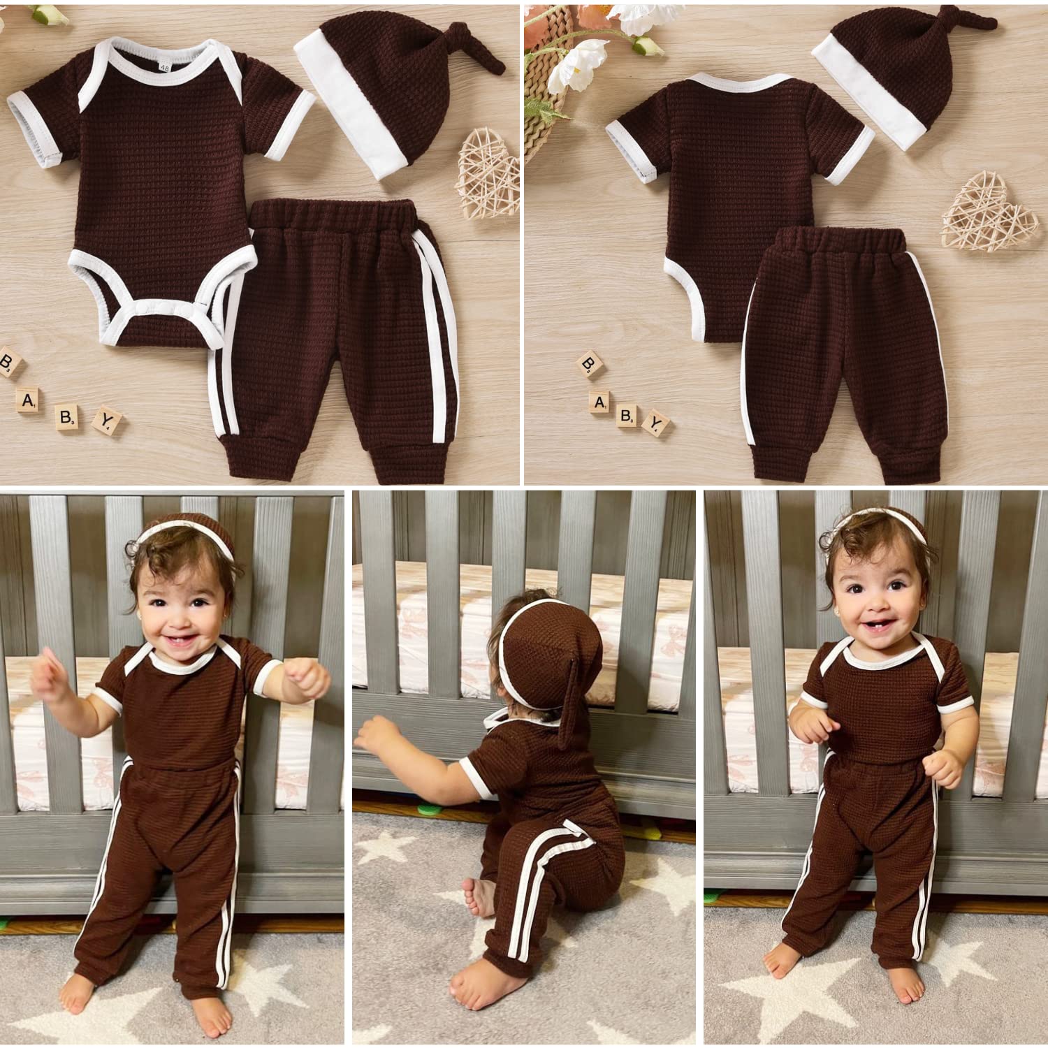 Unisex Preemie Baby Clothes - Neutral Waffle Romper & Pants Set for Newborn Boys & Girls | Soft Short Sleeve Outfit for Hospital, Photo Shoots & Daily Wear