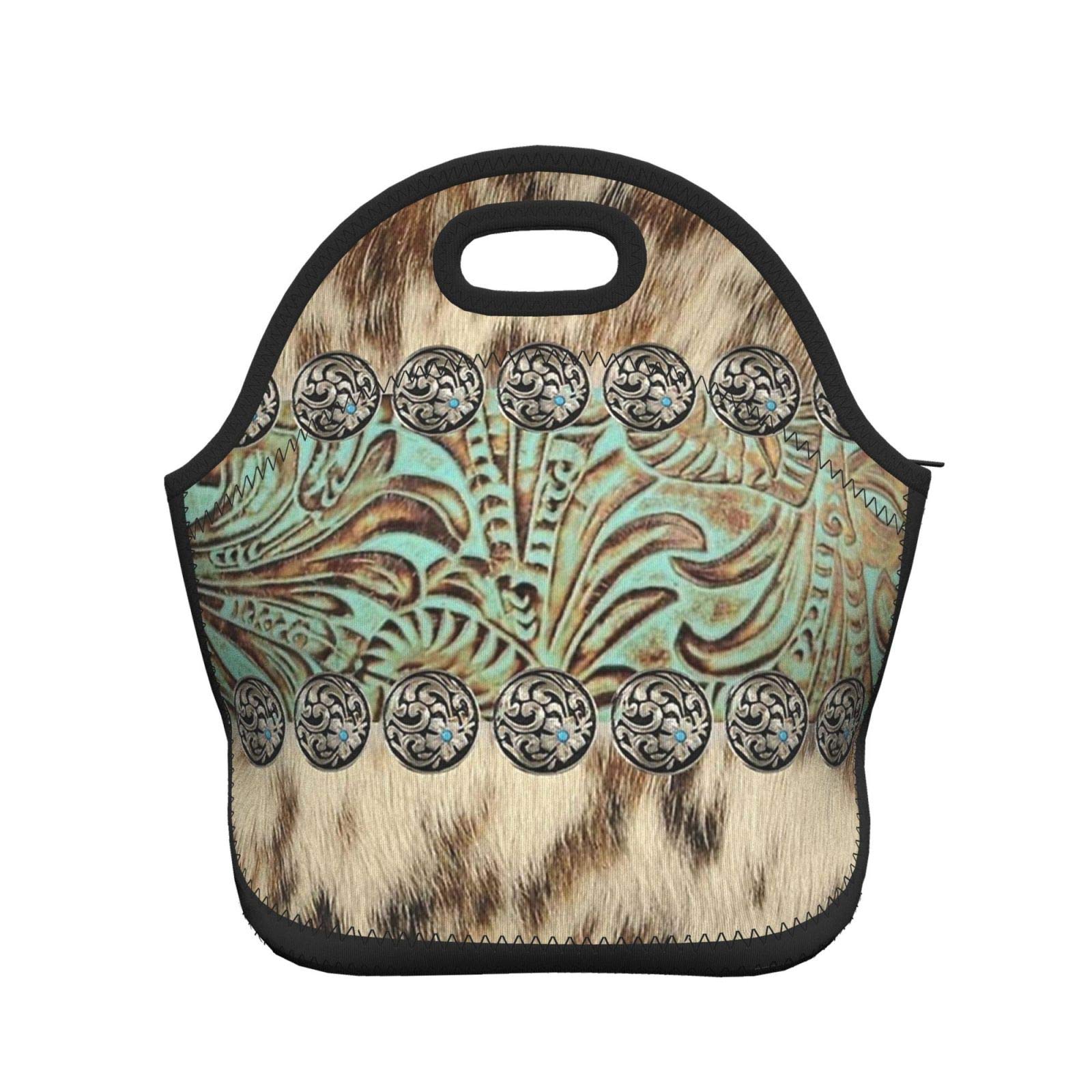 SWEET TANG Insulated Leather Lunch Bag - Rustic Brown & Teal Western Style, Leakproof Thermal Tote for Work, School & Picnics | Non-Toxic Neoprene Bento Box | Perfect for Moms & Daughters | Country Tooled Design