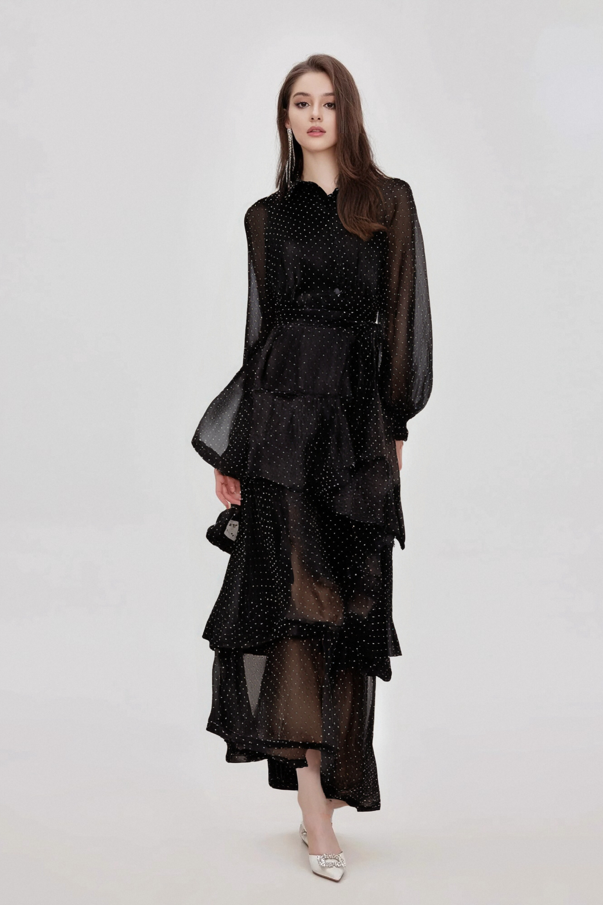 Elegant Black Polka Dot Tiered Midi Dress for Women - Perfect for Casual Outings, Date Nights & Summer Parties