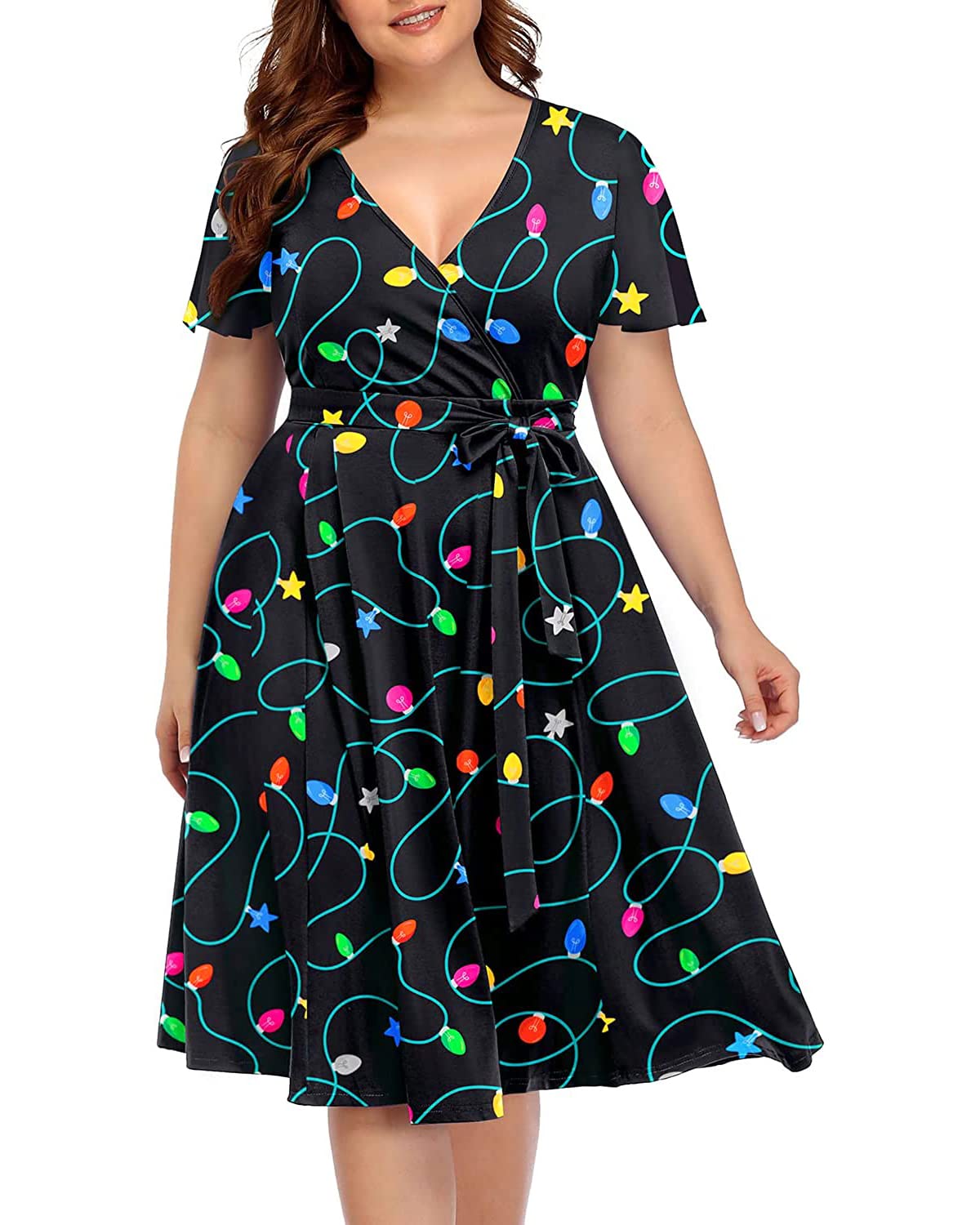 Plus Size Pinup Fashion Women's Cocktail Dress - Semi Formal Wrap Empire Waist Midi Dress for Wedding Guest & Special Occasions