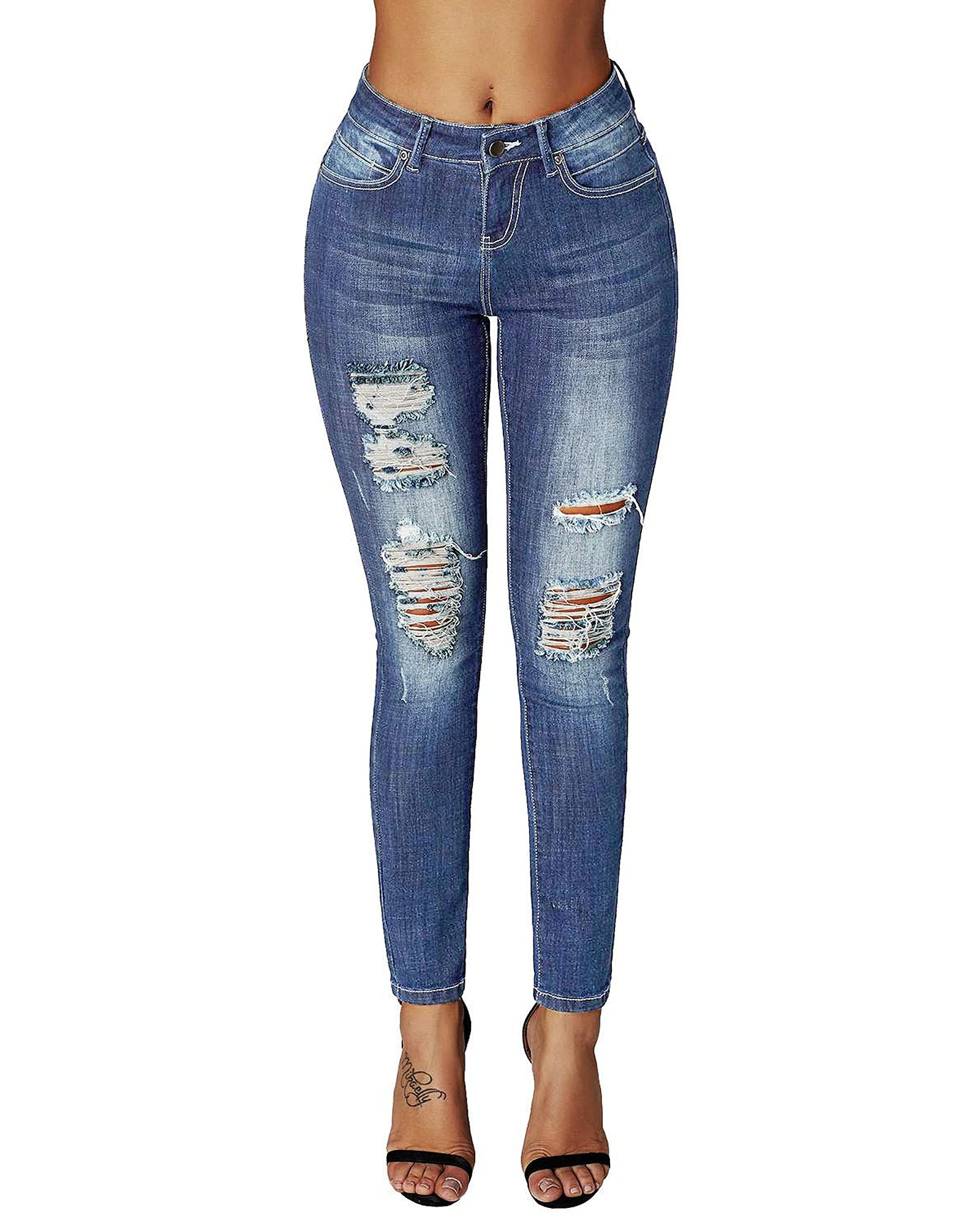 Roswear Women's Ripped Mid Rise Skinny Jeans - Distressed Denim Pants for Casual Wear, Street Style & Everyday Outfits