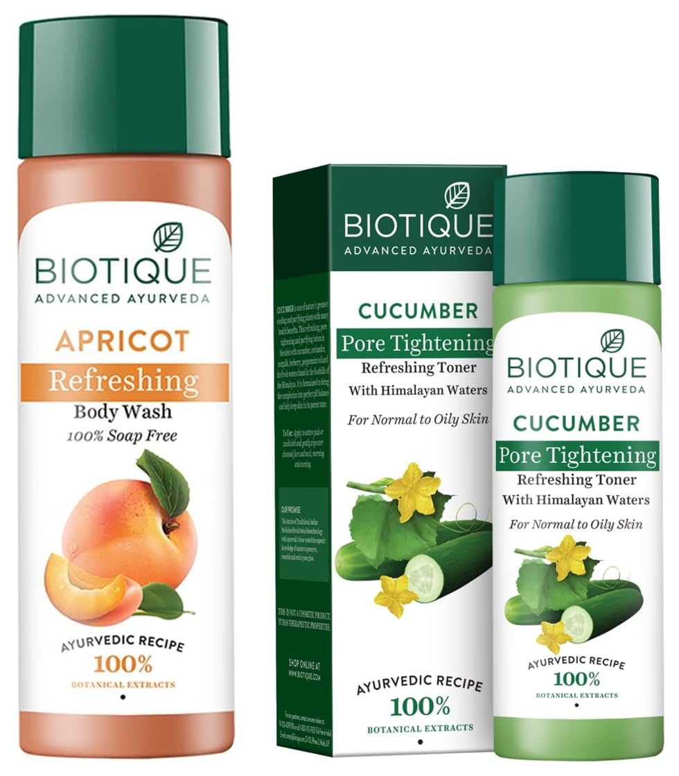 Biotique Bio Apricot Refreshing Body Wash 190ml & Bio Cucumber Pore Tightening Toner 120ml - Hydrating Skincare Set for Daily Cleansing and Toning - Perfect for Morning & Night Routine