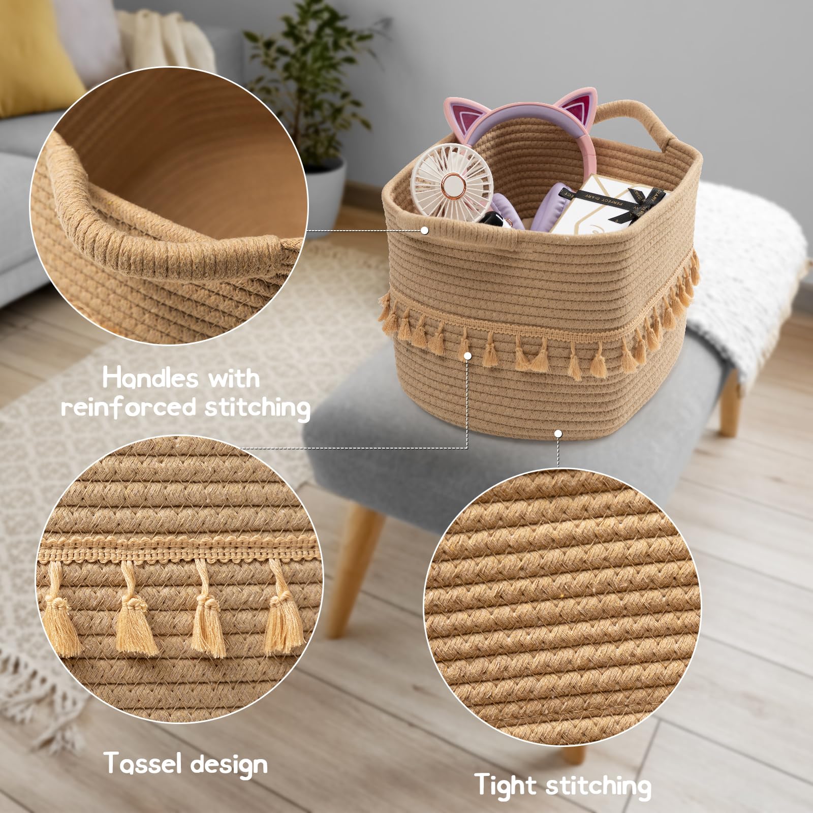 3-Pack TeoKJ Cotton Rope Storage Baskets - Organizer for Toys, Clothes & Blankets - Decorative Woven Jute Bins for Living Room, Nursery, Bathroom - Perfect for Home Organization & Stylish Storage Solutions