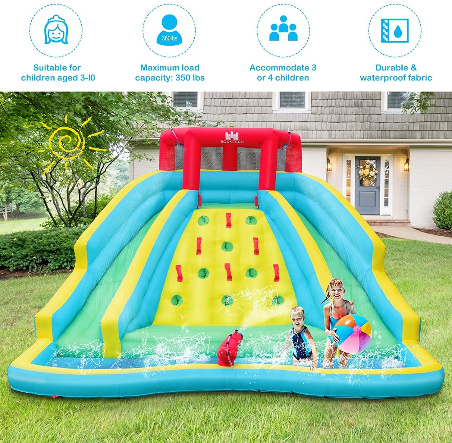 BOUNTECH 15x12FT Inflatable Water Slide Park for Kids - Dual Racing Slides, Heavy Duty Climbing Wall, Backyard Water Play Inflatable for Outdoor Summer Fun | Perfect for Birthday Parties, Family Gatherings & Backyard Water Games