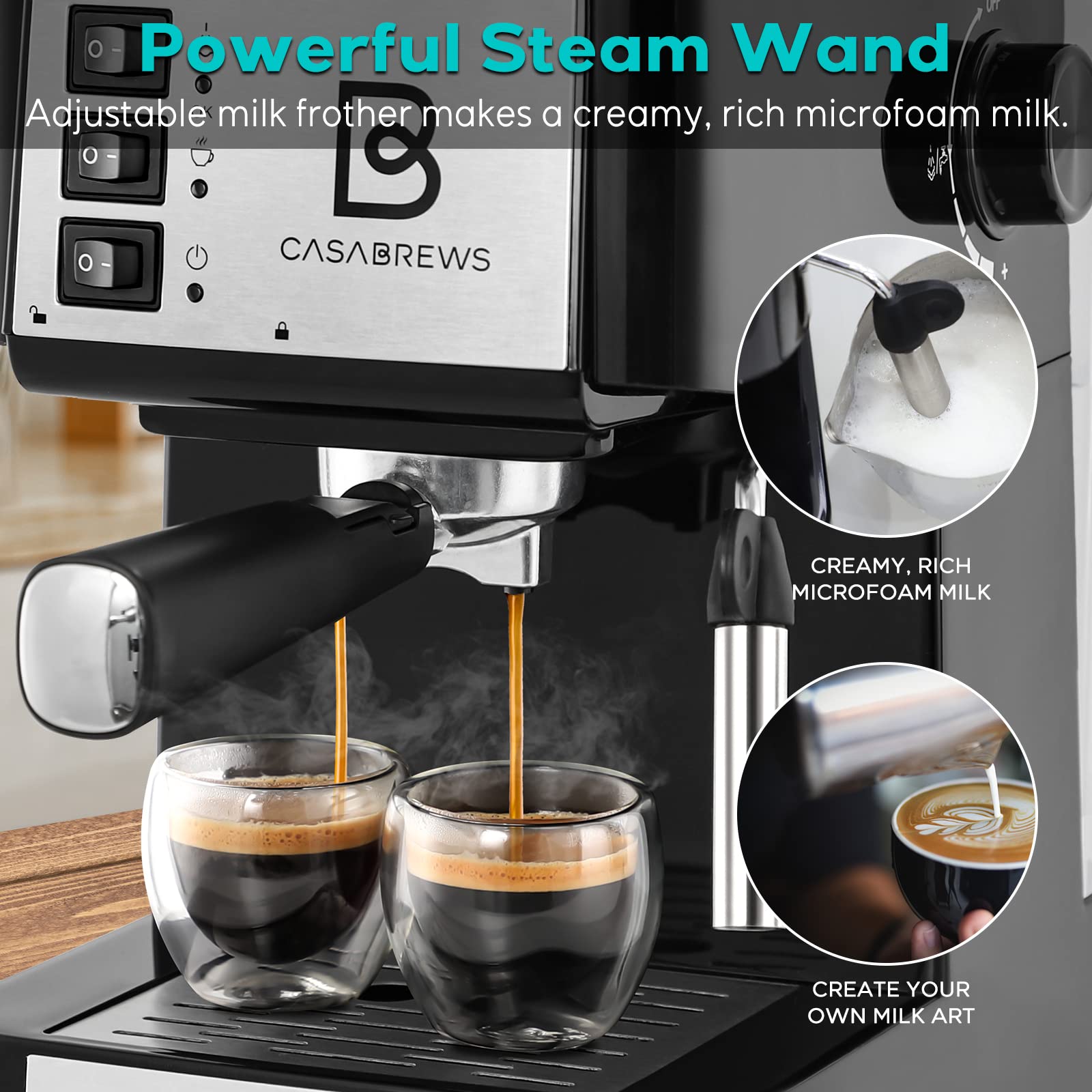 **Casabrews Espresso Coffee Machine with Milk Frother Wand - 15 Bar Pump Pressure, Detachable Water Tank, Professional Barista & Home Use - Perfect for Lattes, Cappuccinos & Cafe-Style Drinks (Black/Silver)**