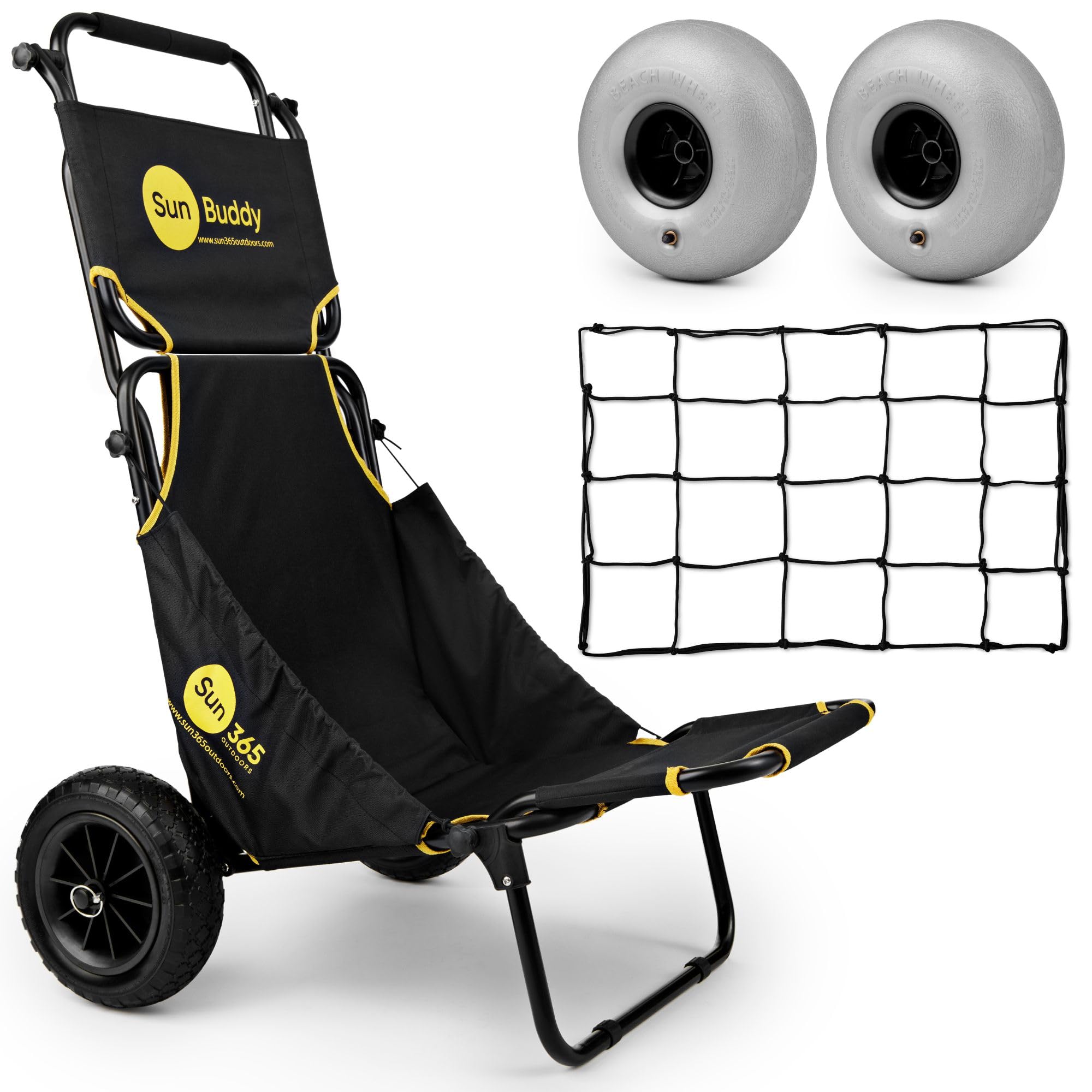 Foldable Beach Fishing Trolley Cart with Chair - All Terrain Balloon Wheels, Sun Canopy & Cargo Net - 200 lbs Capacity for Picnics, Camping, Fishing & Outdoor Adventures