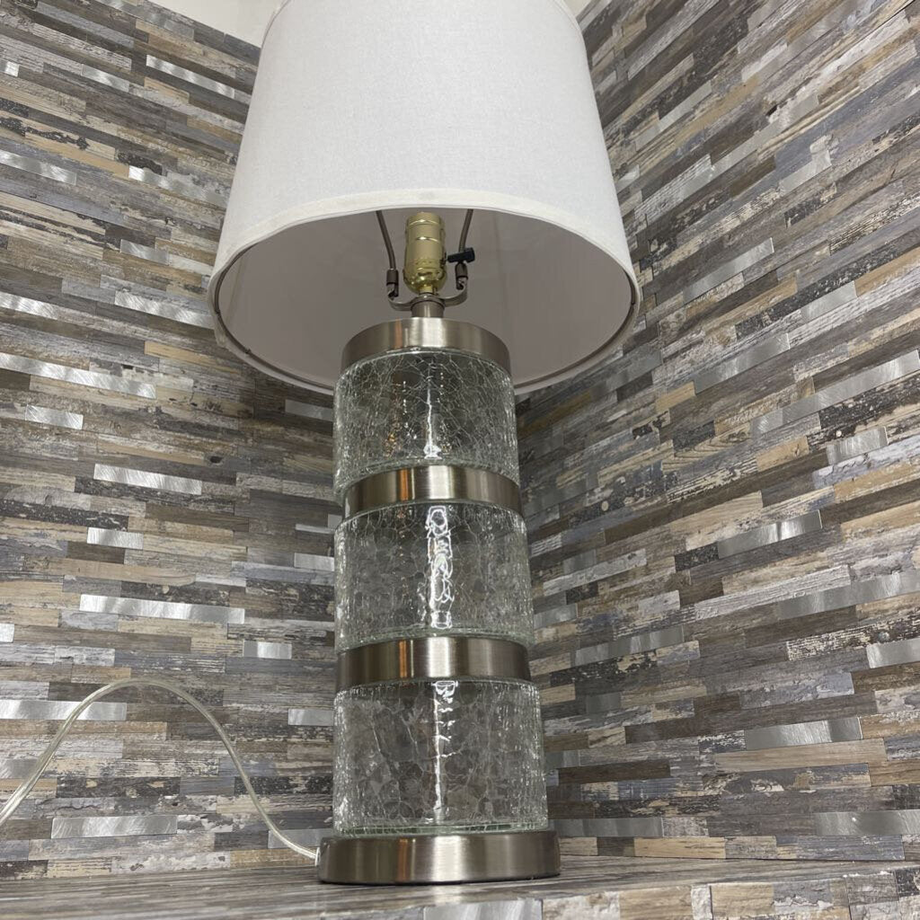 Vintage Crackle Glass & Nickel Table Lamp with Linen Hardback Shade - 13
