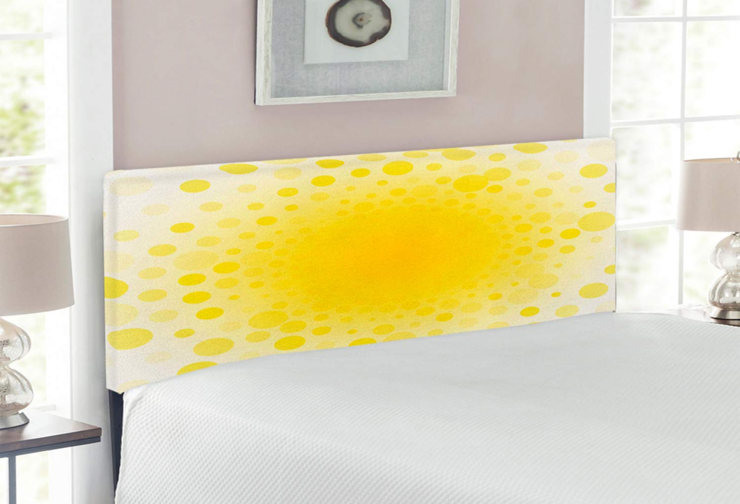 Ambesonne Yellow Upholstered Headboard - Abstract Sun Design with Circular Dots, Full Size Metal Bed Frame with Memory Foam - Perfect for Modern Bedrooms & Guest Rooms