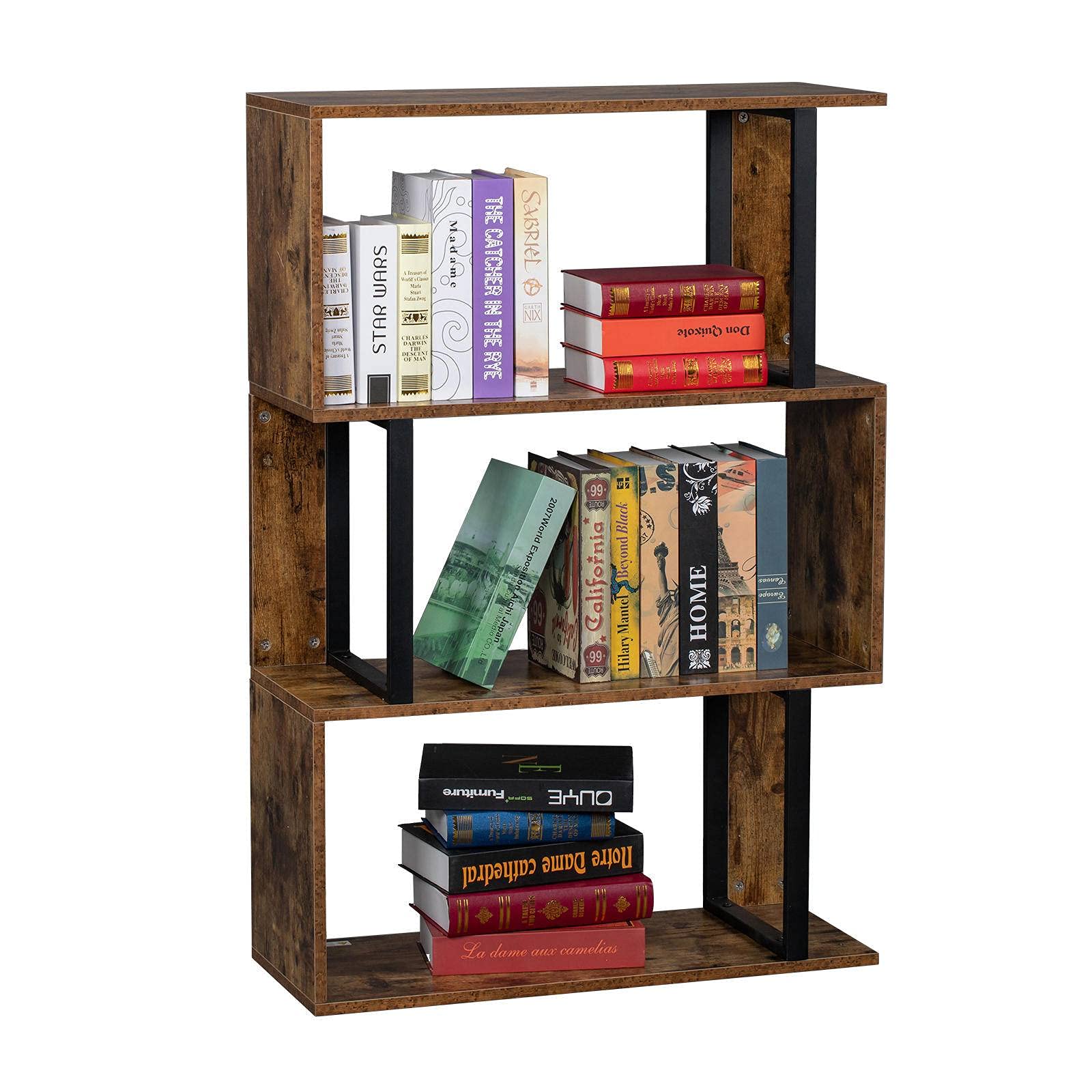 3-Tier S-Shaped Bookcase & Bookshelf - Vintage Brown Industrial Style Freestanding Storage Shelf for Home Office, Living Room & Bedroom | Multifunctional Display Organizer for Books, Decor & Essentials