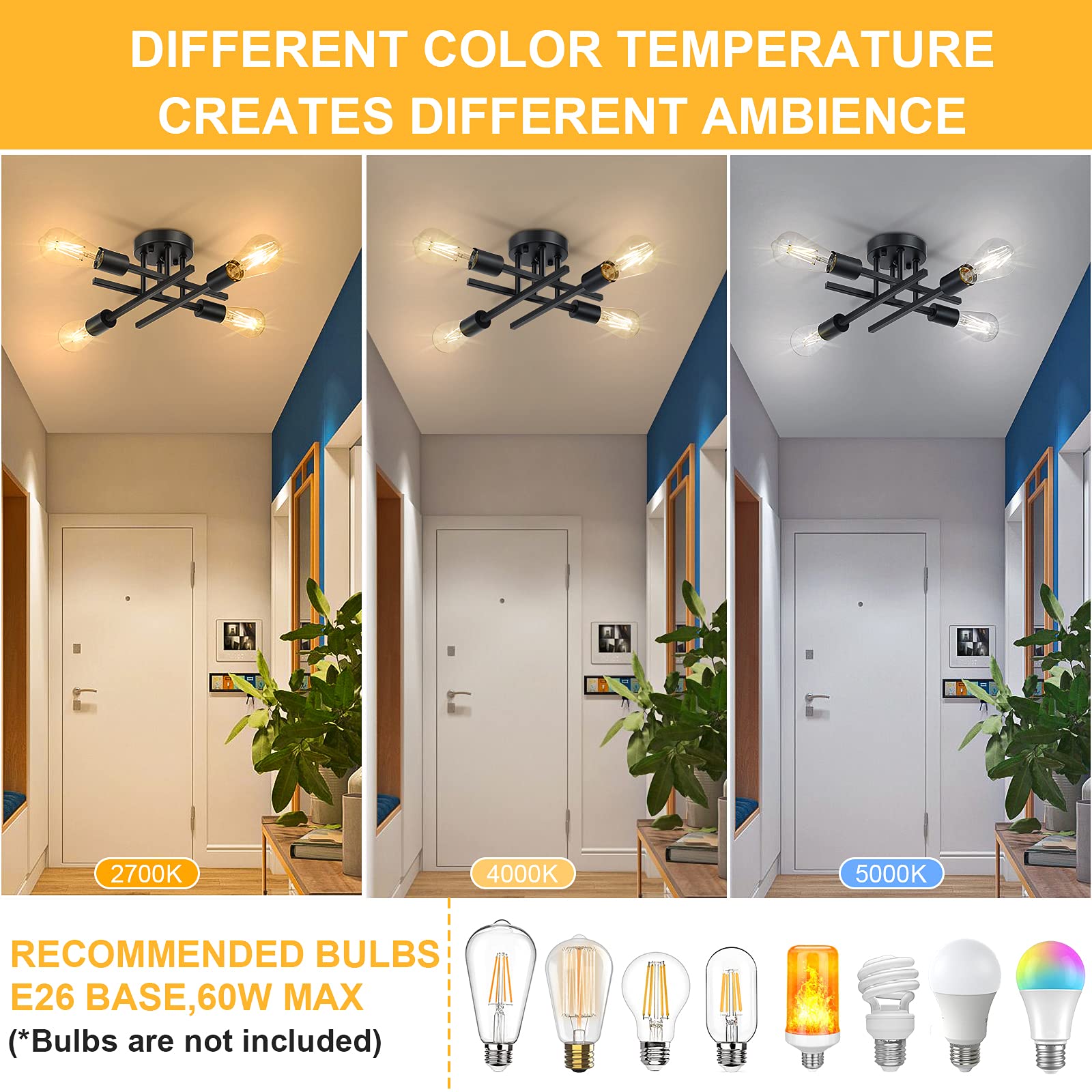 SunRider 2-Pack Industrial 4-Light Semi Flush Mount Ceiling Light Fixture, Matte Black Farmhouse Sputnik Chandelier - Modern Lighting for Kitchen, Hallway, Dining Room & Bedroom - Dimmable LED Compatible, Rustic Home Decor
