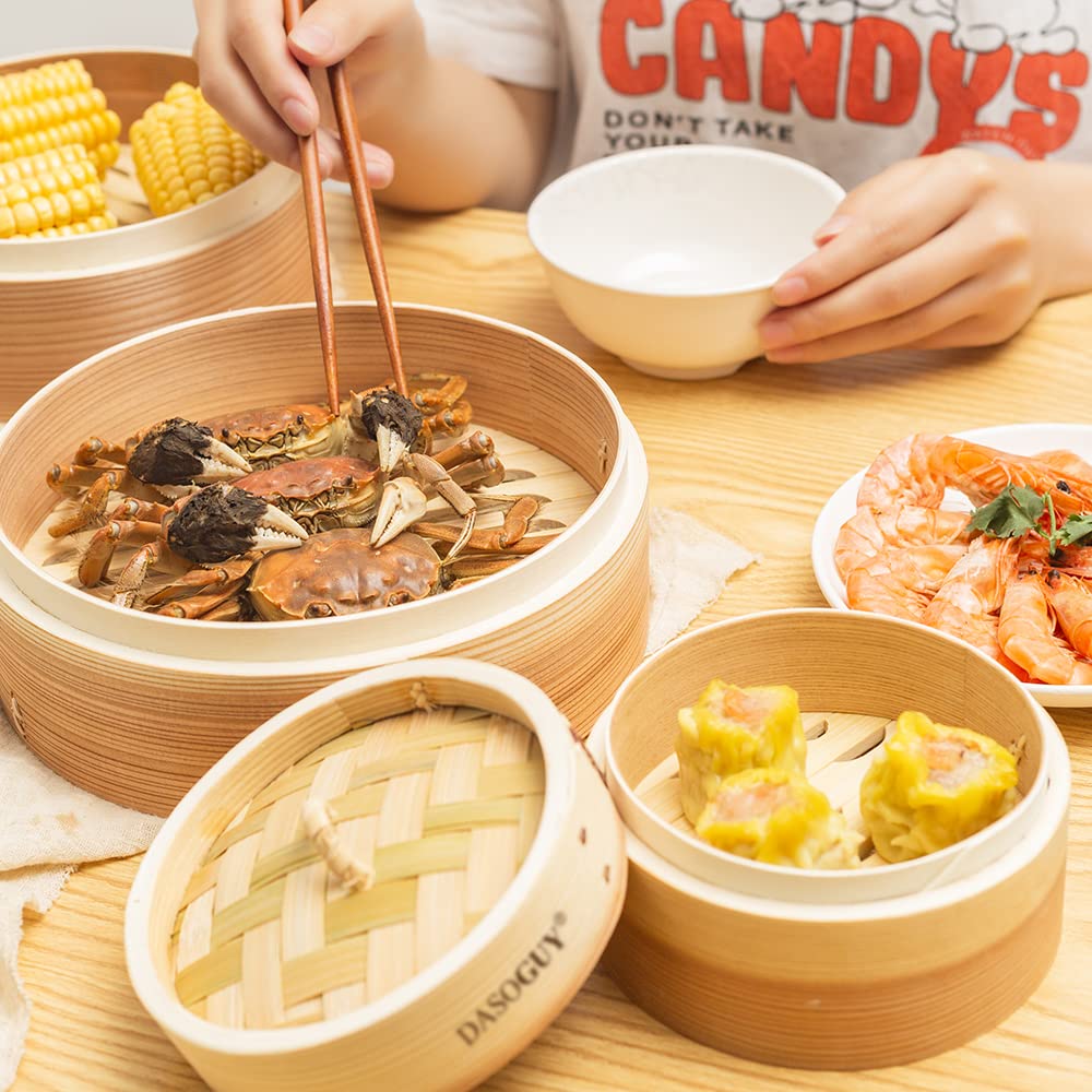 11.8 Inch Handmade Bamboo Steamer with Stainless Steel Rings - 3 Tier Stackable Dim Sum Basket for Dumplings, Buns & Rice - Includes Chopsticks & Cotton Liners - Perfect for Asian Cooking, Meal Prep & Party Serving