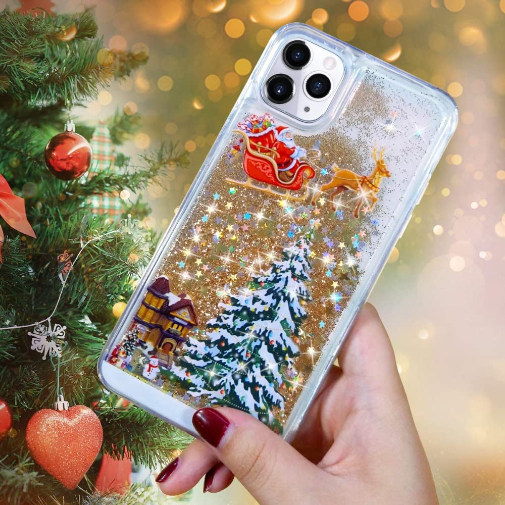 Topwin Christmas Liquid Floating Glitter Case for iPhone 11 Pro Max - Snowman Santa Elk Tree Design, Shockproof Defender Cover for Apple iPhone 11 Pro Max (Gold) | Perfect Holiday Gift & Winter Festival Protection