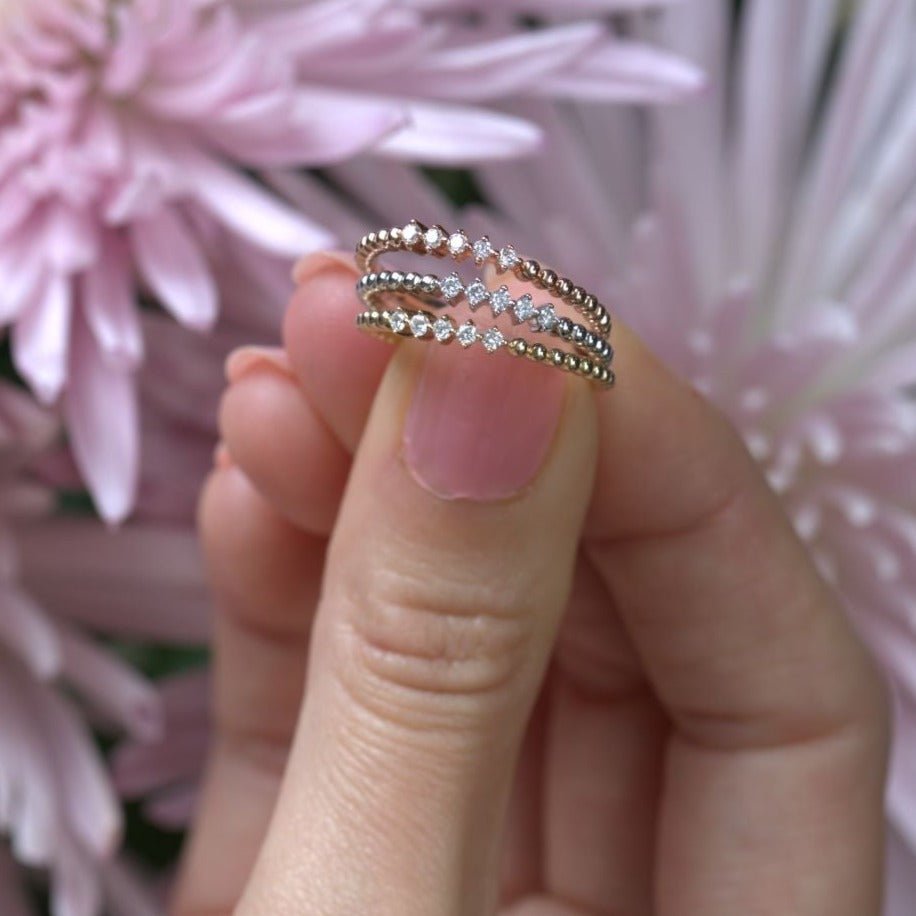 14K Solid Rose Gold Five Diamond Beaded Ring for Women - Elegant Stackable Dainty Jewelry Gift for Anniversary, Birthday & Special Occasions