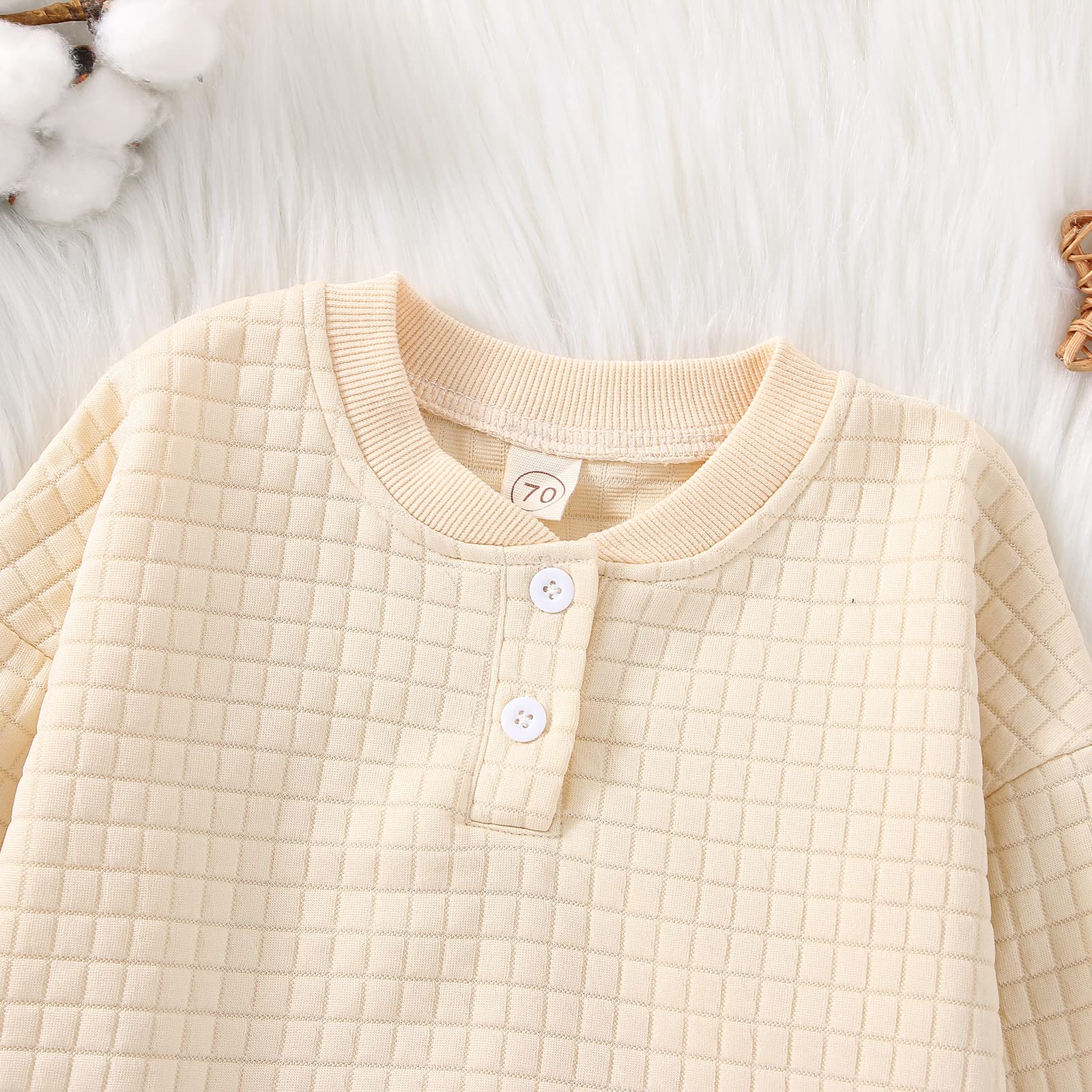 Emmababy Baby Boy & Girl Long Sleeve Waffle Knit Jumpsuit - Oversized Crewneck Sweatshirt Romper with Buttons - Cozy Fall Outfit for Infants - Perfect for Playdates, Family Photos & Autumn Adventures