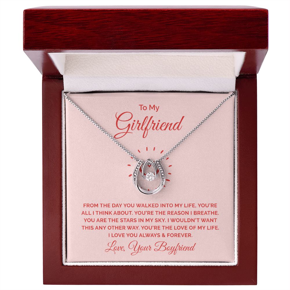 Lucky in Love Necklace for Girlfriend - White Gold Cubic Zirconia Pendant - Romantic Gift from Boyfriend - Perfect for Anniversaries, Valentine's Day & Special Occasions
