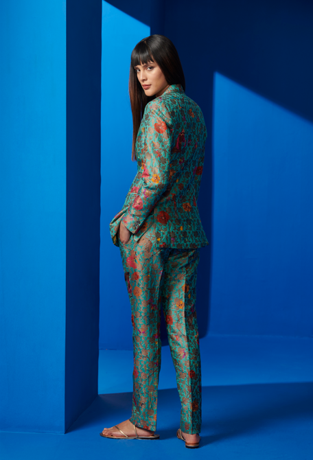 Elegant Boot Cut Trousers in Silk Brocade Aqua - Women's Fashion Pants for Office Wear & Special Occasions