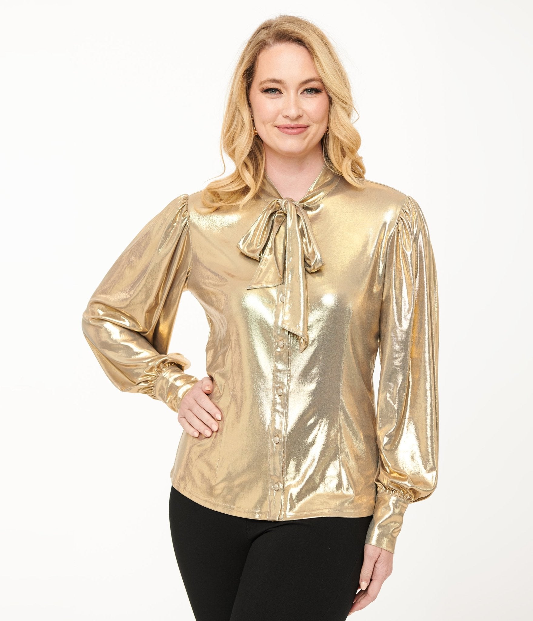 Vintage 1950s Metallic Gold Gwen Blouse - Retro Women's Top for Parties, Cosplay & Pinup Fashion | Unique 50s Style Shirt for Halloween, Themed Events & Vintage Lovers