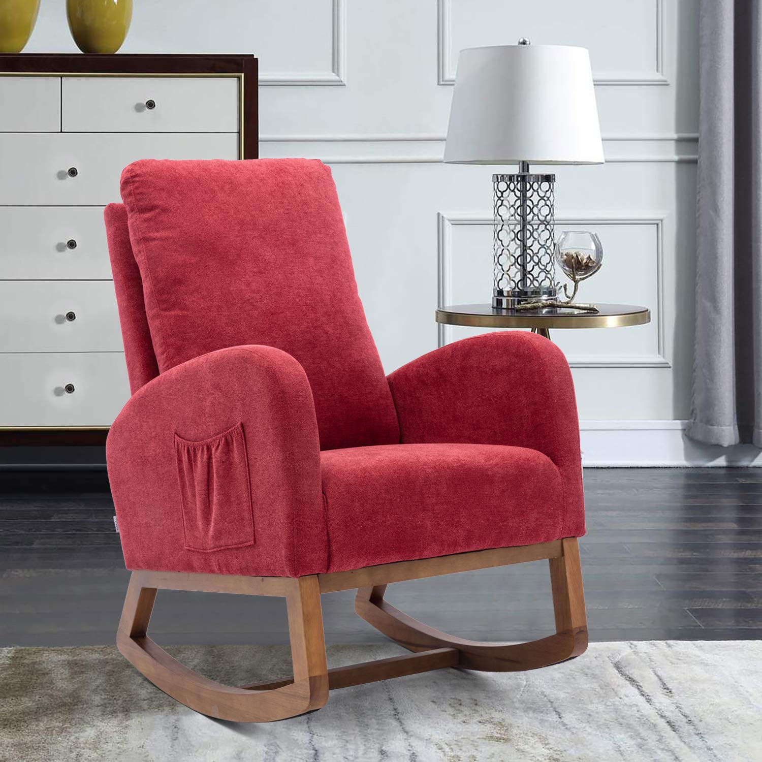 Oeey Modern Hardwood Rocking Chair - Mid Century Fabric Upholstered Accent Chair with Comfortable Lounge Arms for Bedroom & Living Room | Perfect for Nursery, Reading Nook & Cozy Home Decor