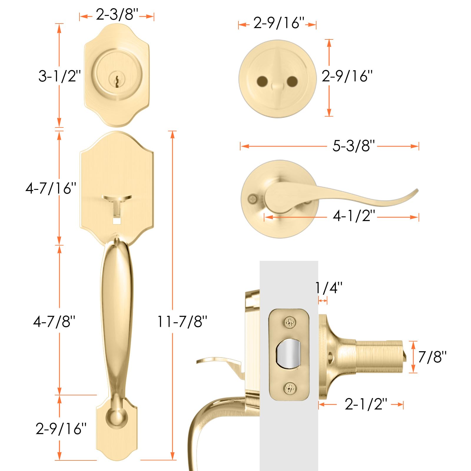 Premium Gold Front Door Handle & Deadbolt Lock Set - Single Cylinder Entry Door Lockset with Reversible Lever - Secure Exterior Door Hardware for Homes, Apartments & Offices