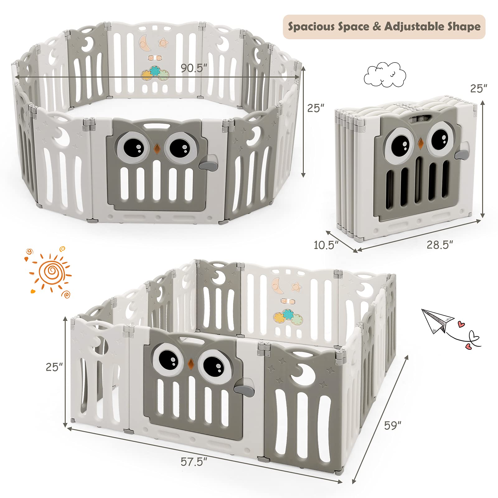 HONEY JOY Baby Playpen - 14 Panel Owl Design Play Yard with Anti-Slip Base & Lockable Door | Indoor Portable Safety Fence for Toddlers & Infants | Perfect for Playrooms, Living Rooms & Daycare Centers (Beige)