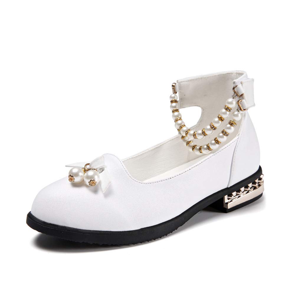 BININBOX Girls Pearl Ballet Flats - Low Heel Leather Dress Shoes with Ankle Strap for Weddings, Parties & Special Occasions