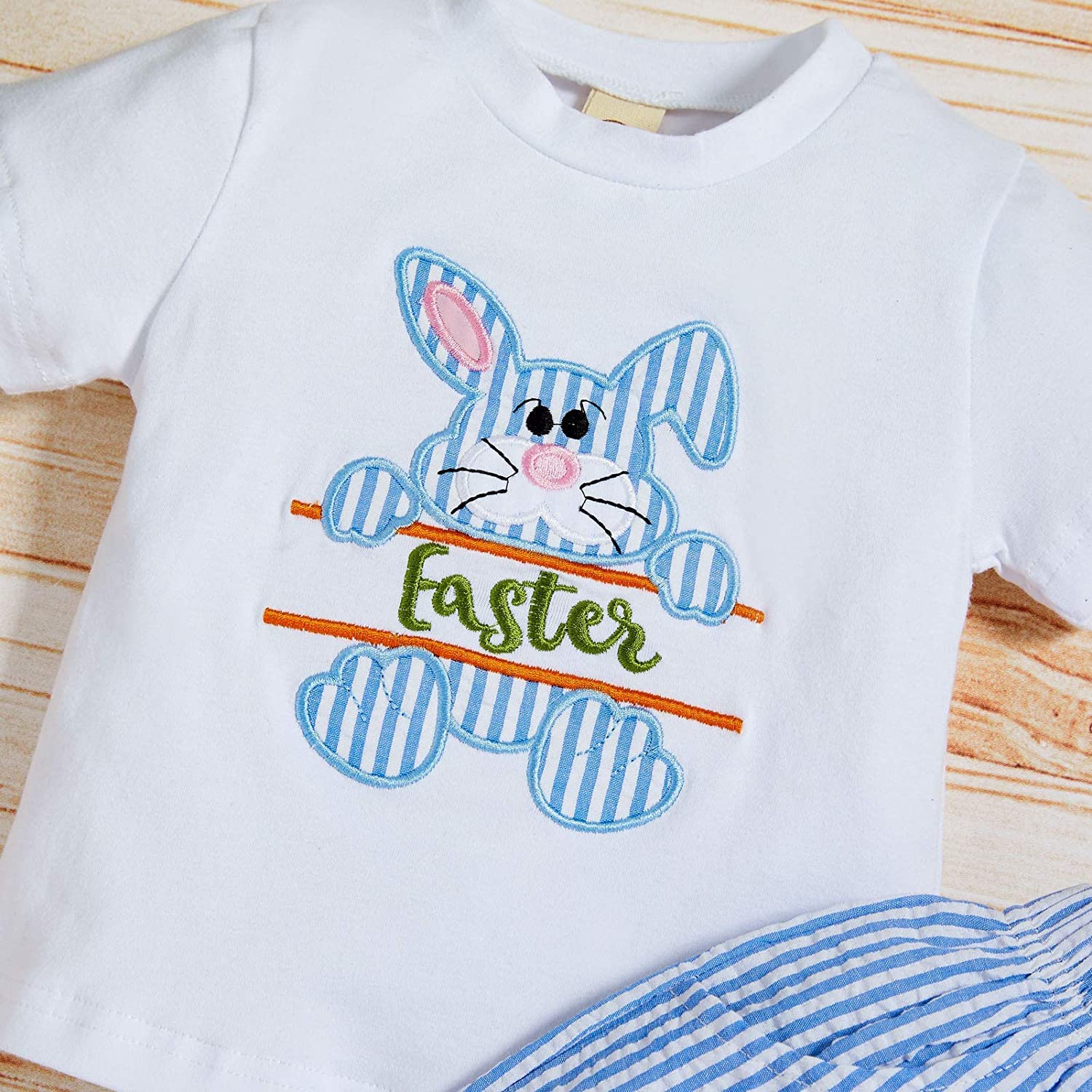 Sinhoon Baby Girl & Boy Easter Outfits - Bunny Pattern Romper with Blue Stripes Suspenders - Adorable Toddler Easter Clothes Set for Spring Photoshoots & Holiday Celebrations