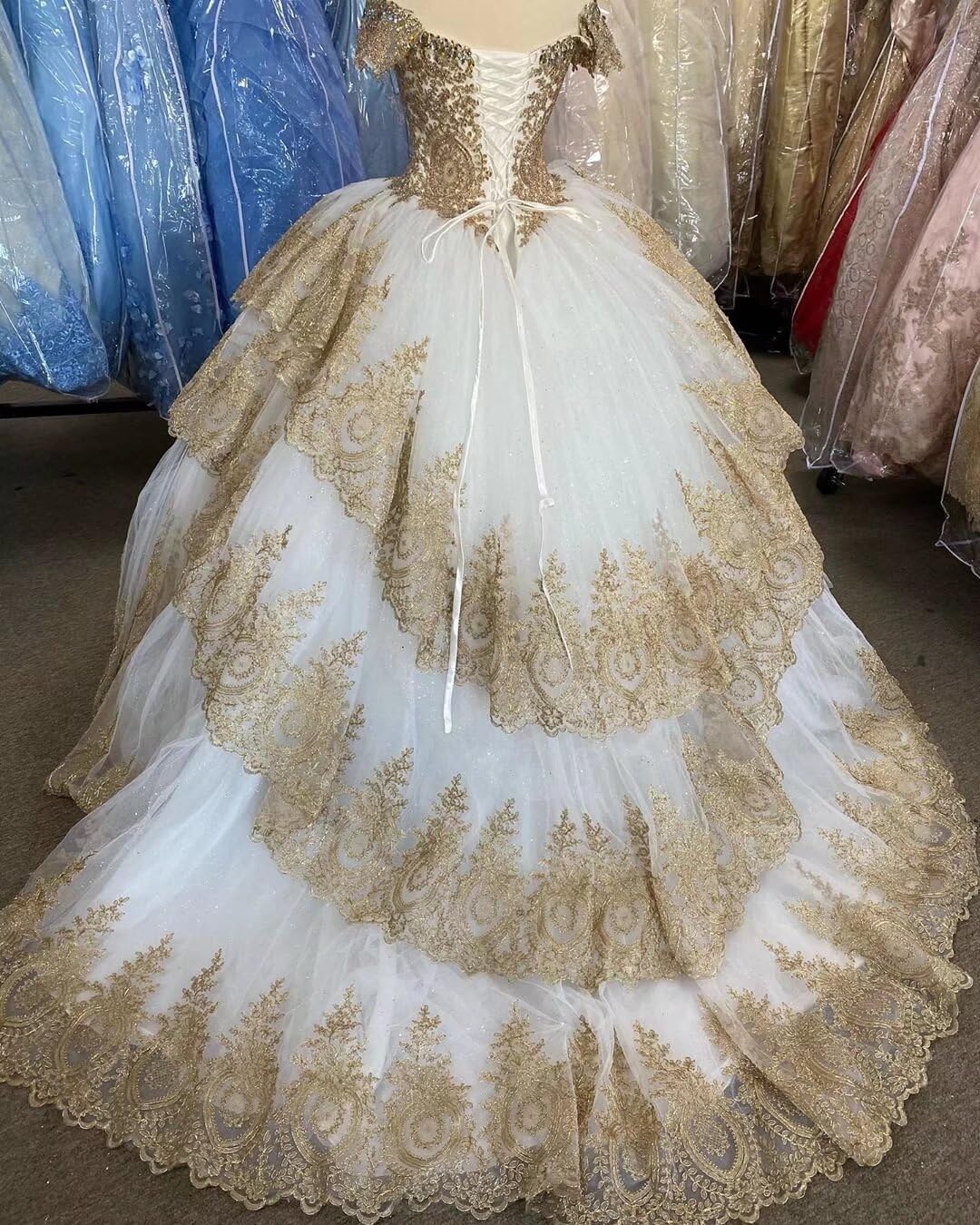 Elegant Gold Applique Three-Layer Ball Gown Skirt - Princess Prom & Quinceañera Dress for Women Plus Size 2025 | Perfect for Formal Dances, Weddings & Special Occasions