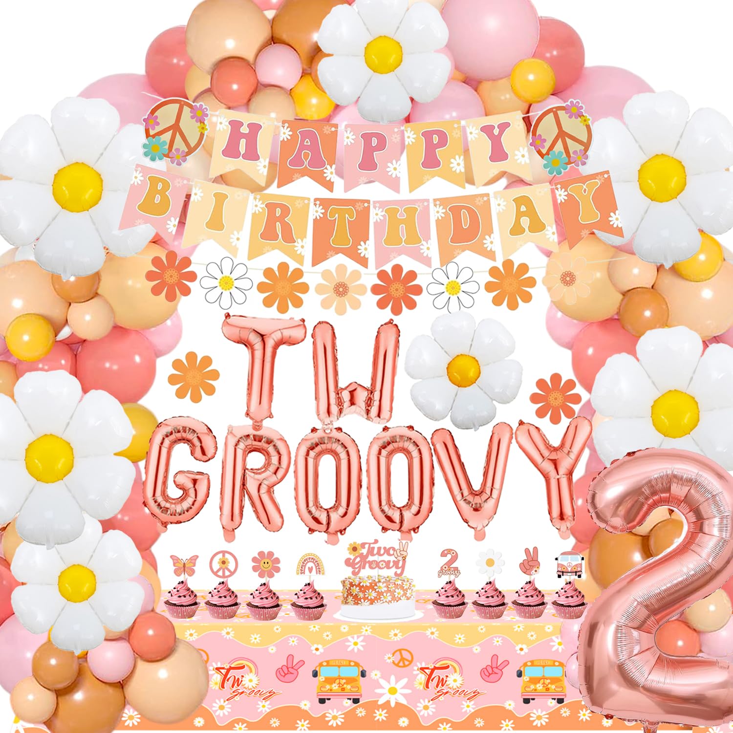 Groovy 2nd Birthday Party Decorations for Girls - Daisy Balloon Garland Kit & Colorful Tablecloth Banner Set - Perfect for Birthday Celebrations, Photo Backdrops, and Themed Parties