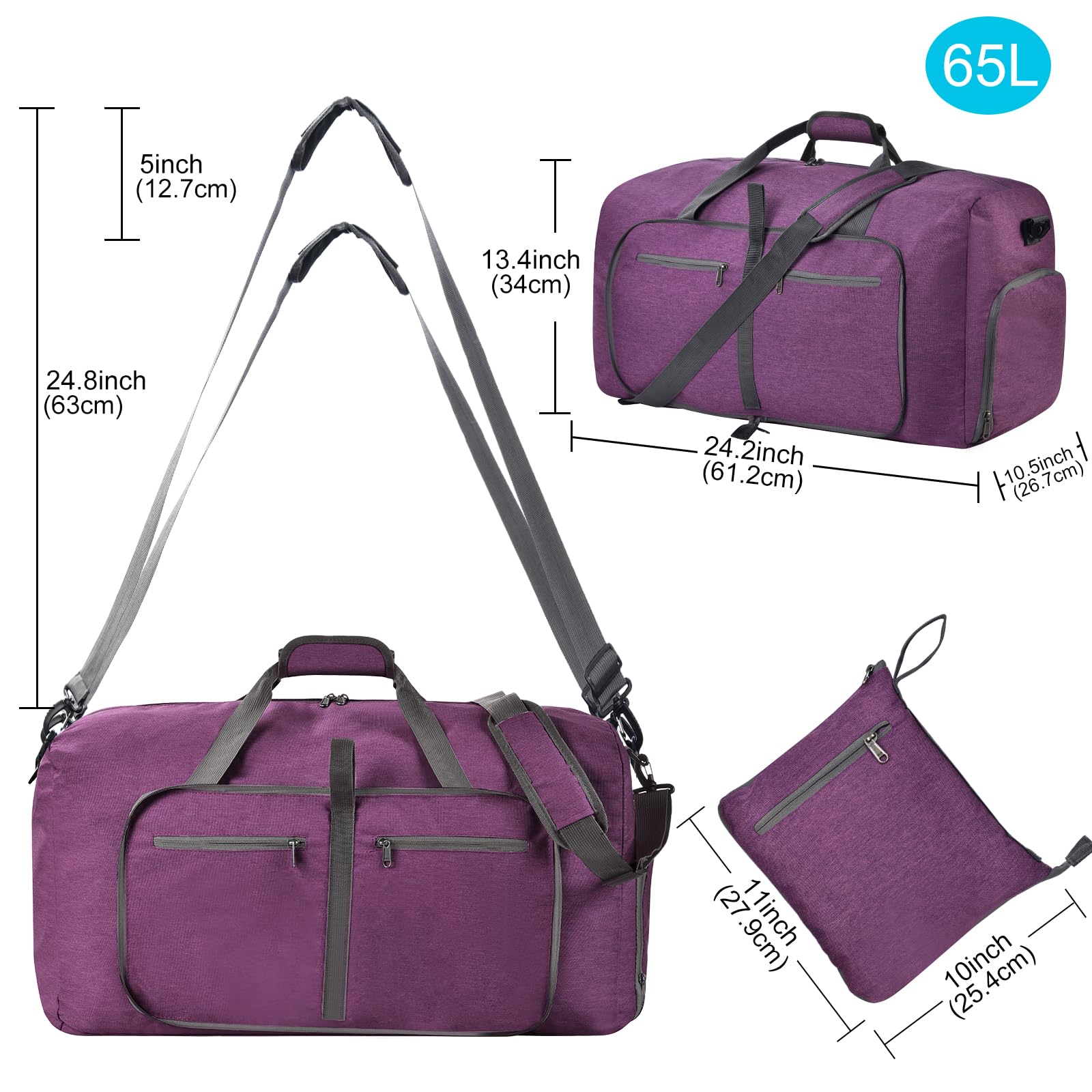 Felipe Varela Foldable Waterproof Duffle Bag with Shoes Compartment & Adjustable Strap - Travel Duffel Bags for Men & Women - Perfect for Gym, Weekend Trips & Air Travel