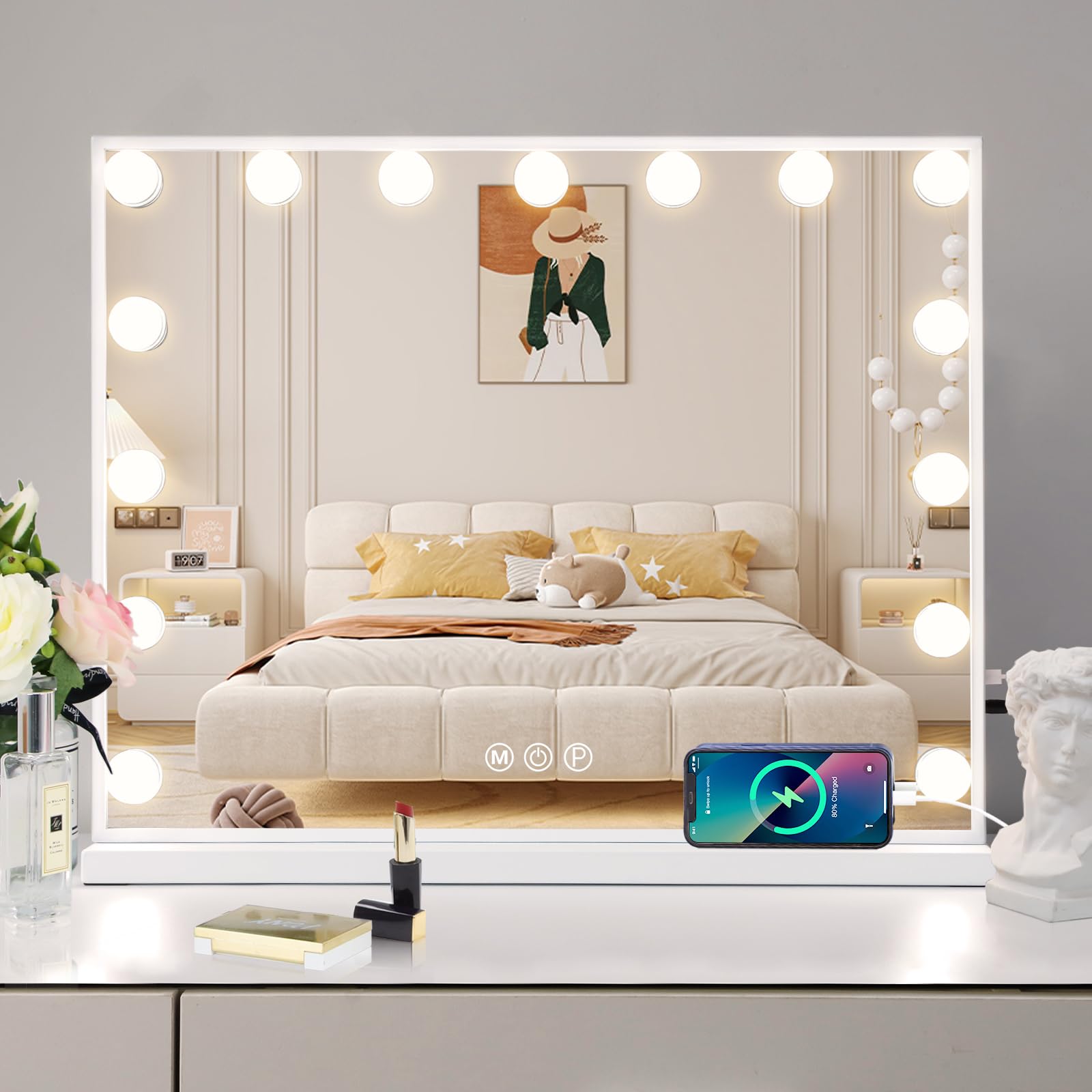 15LED Vanity Mirror with Lights - 3 Lighting Modes, 10X Magnification & USB Charger - 22