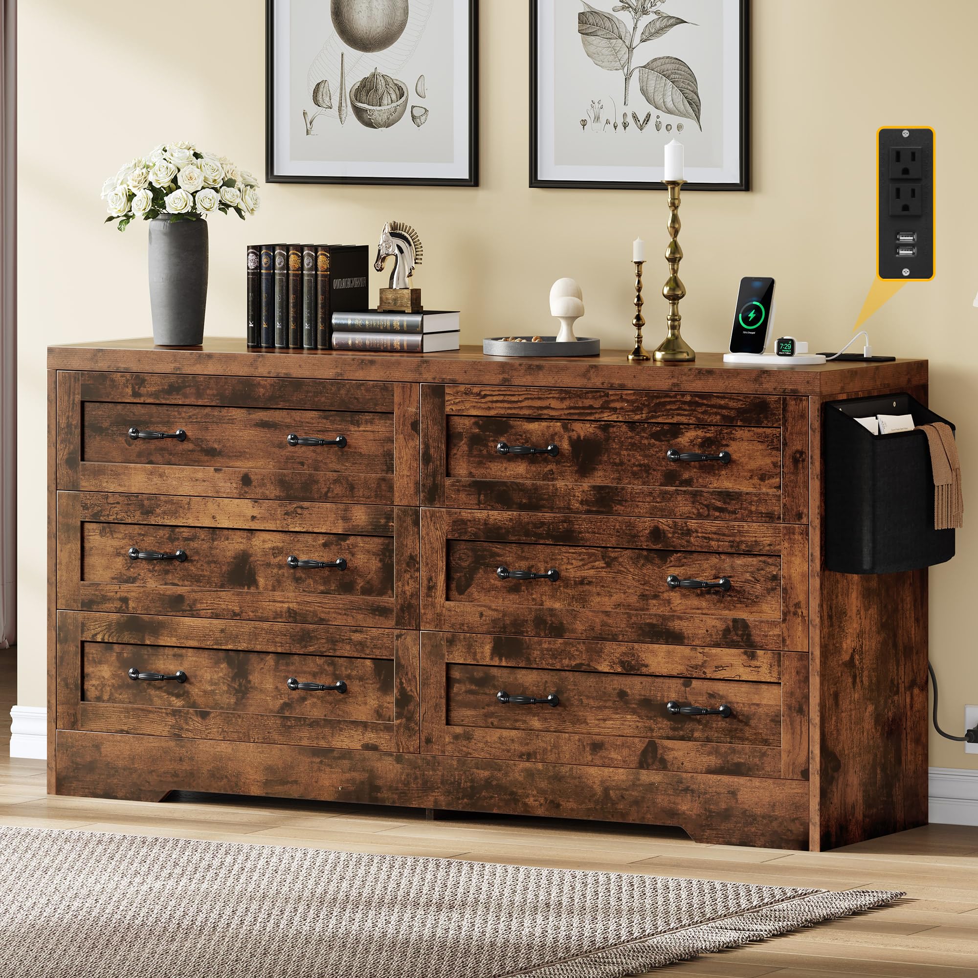 Modern Farmhouse 6-Drawer Dresser with Power Outlets - 59.5