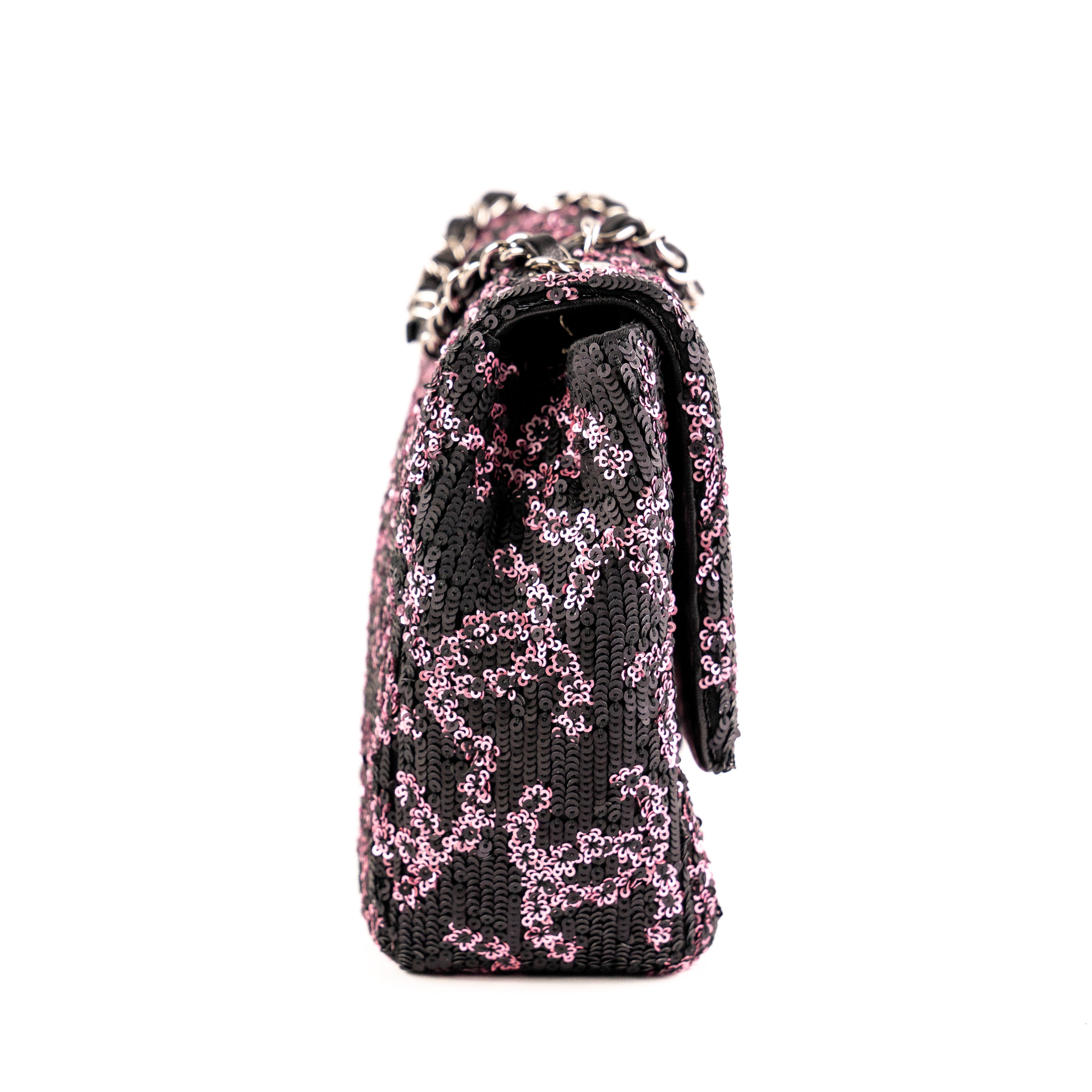 Chanel Medium/Large Classic Flap Bag with Sequin in Pink & Black | Luxury Designer Handbag for Women | Perfect for Evening Parties & Special Occasions