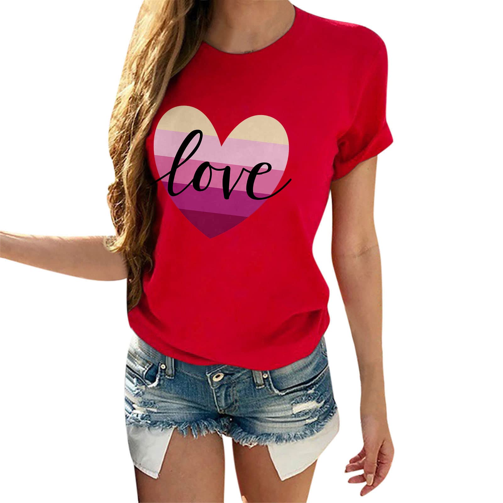Valentine's Day Women's Short Sleeve T-Shirt - Heart Print Love Blouse, Loose Fit Casual Top (Black) | Perfect for Date Night, Galentine's Party & Romantic Outfits