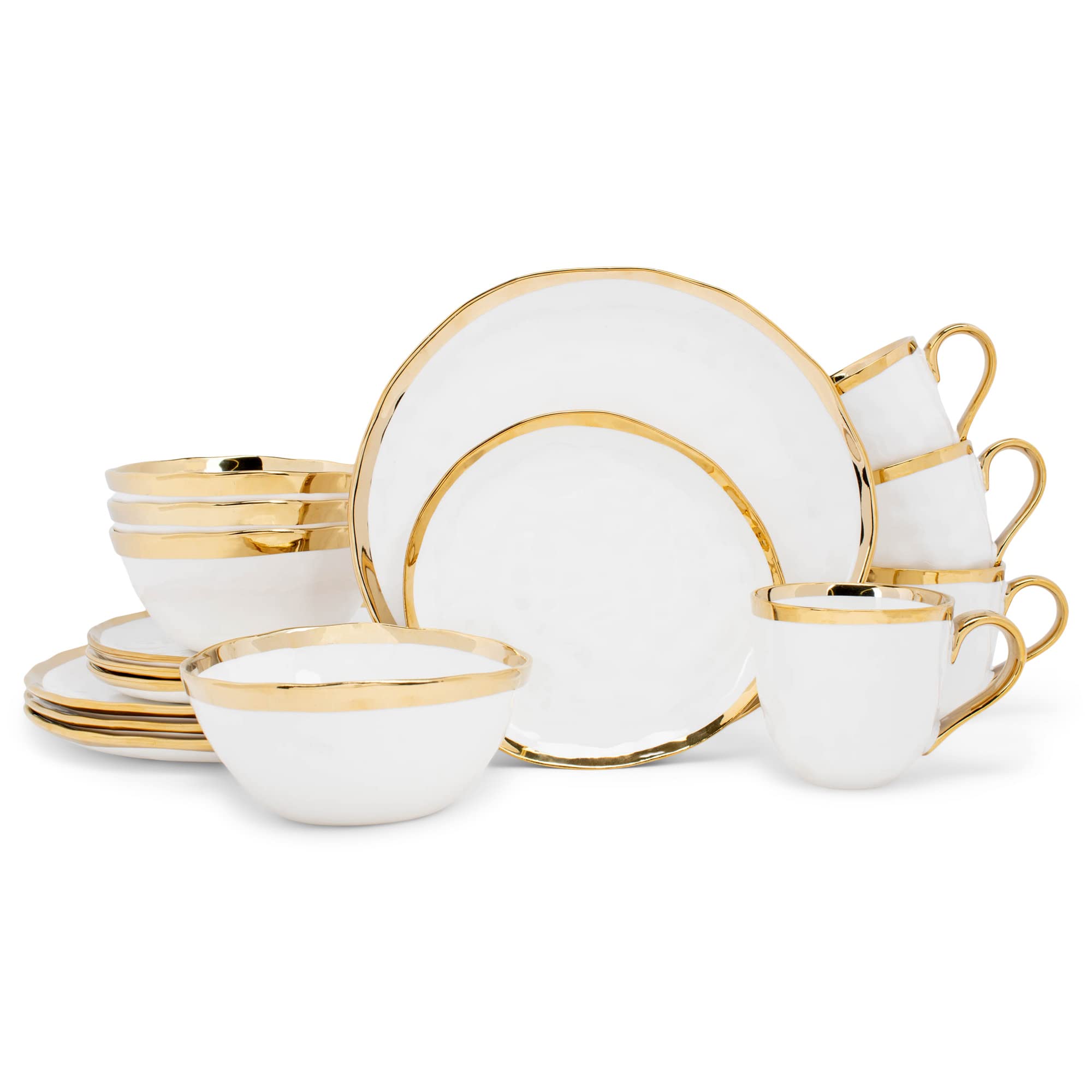Elanze Designs 16-Piece Metallic Bubble Porcelain Dinnerware Set - Gold Accented White Ceramic Plates, Bowls & Mugs for 4 | Elegant Table Setting for Dinner Parties, Holidays & Everyday Use