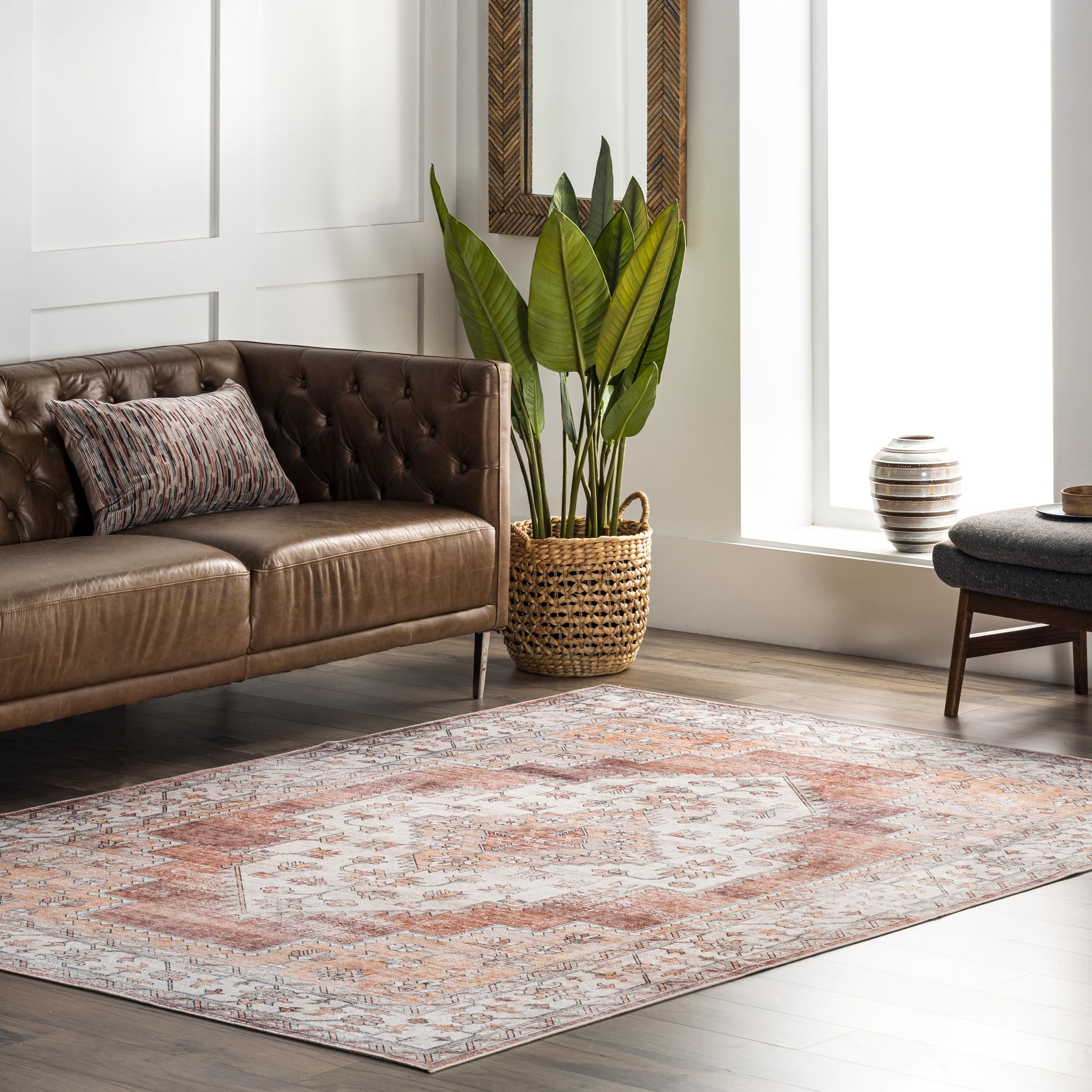 **nuLOOM 8' x 10' Machine Washable Stain-Resistant Area Rug with Non-Slip Backing – Low Profile for Living Room, Bedroom, Dining Room – Dania Rust – Perfect for High-Traffic Areas & Pet-Friendly Homes**
