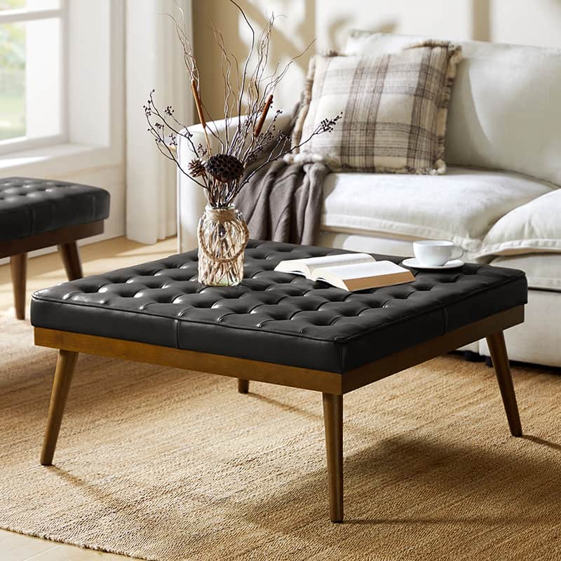 Elisa Mid Century Modern Genuine Leather Ottoman Footrest - Stylish Living Room Accent for Home Decor & Lounge Comfort