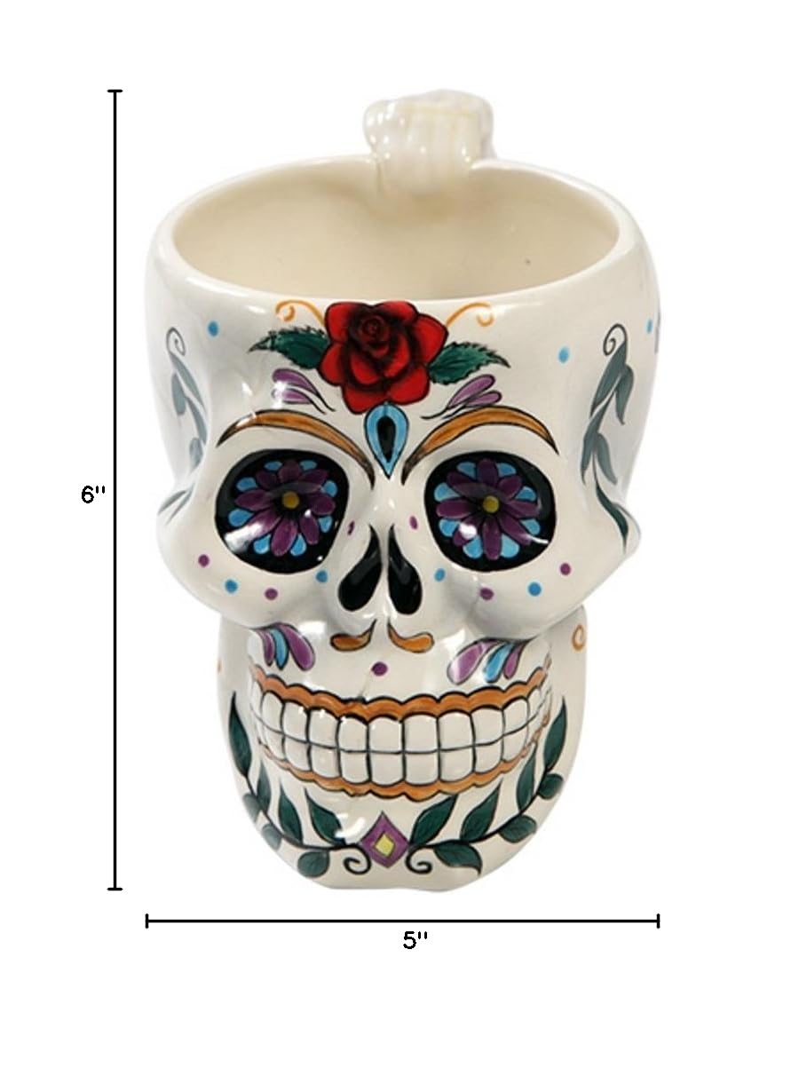 Day of the Dead Skull with Rose Ceramic Mug - Handmade Mexican Style Coffee Cup for Dia de los Muertos - Perfect for Halloween, Gift Giving & Home Decor